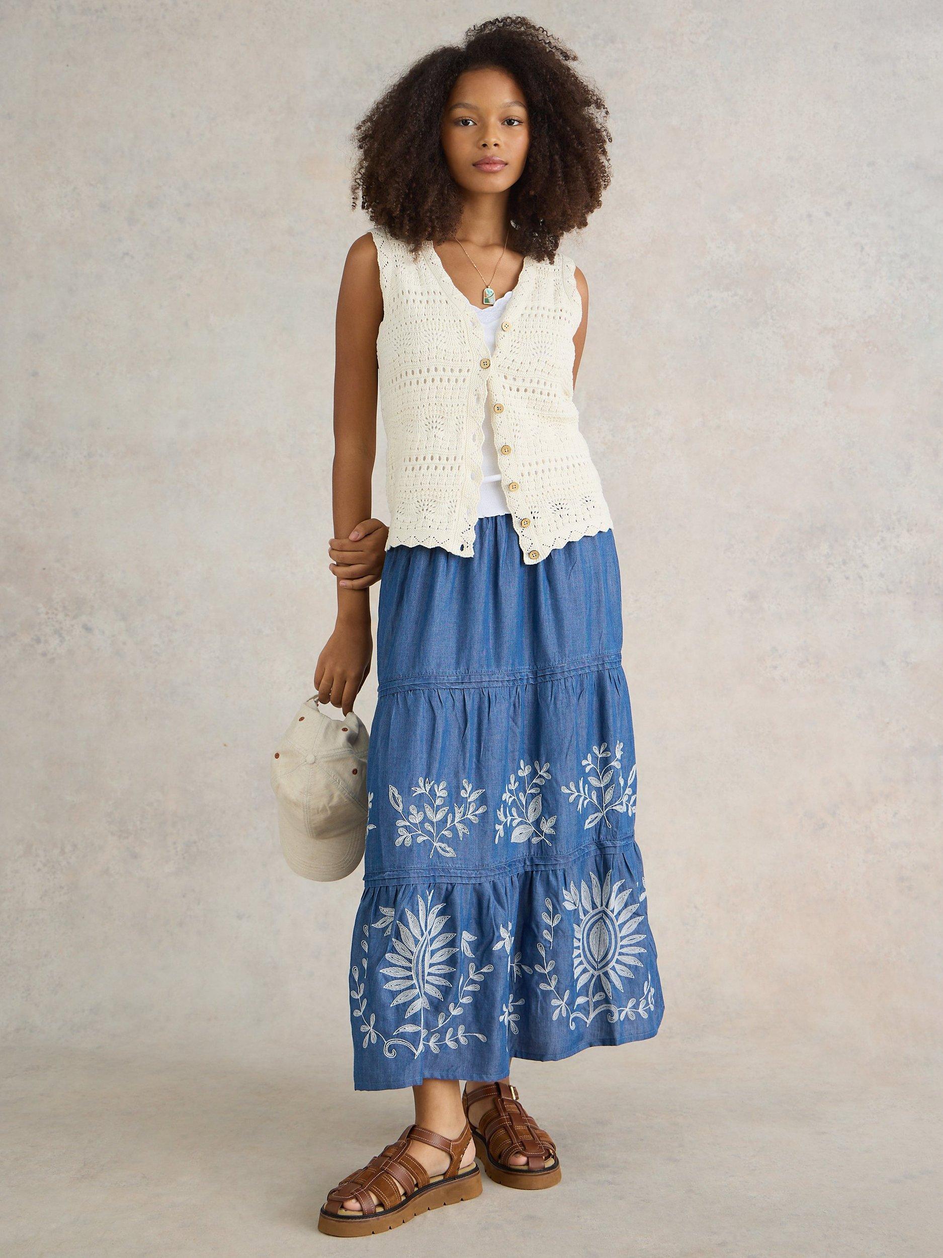 White Stuff Isla Embroidered Denim Maxi Skirt Light Denim