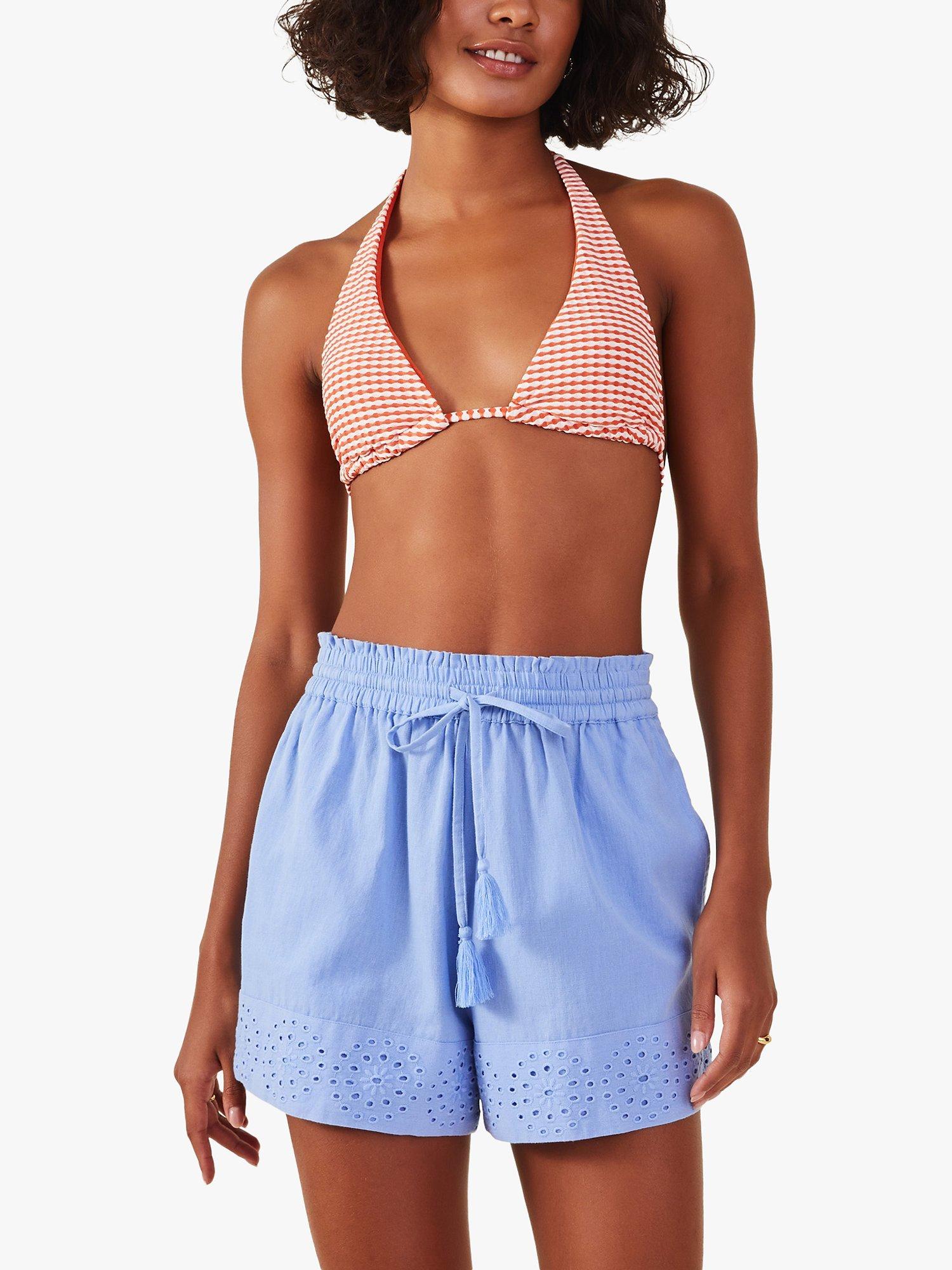 Product image 3 of 4, which shows Accessorize Broderie Hem Cotton Linen Blend Shorts, Blue, XS