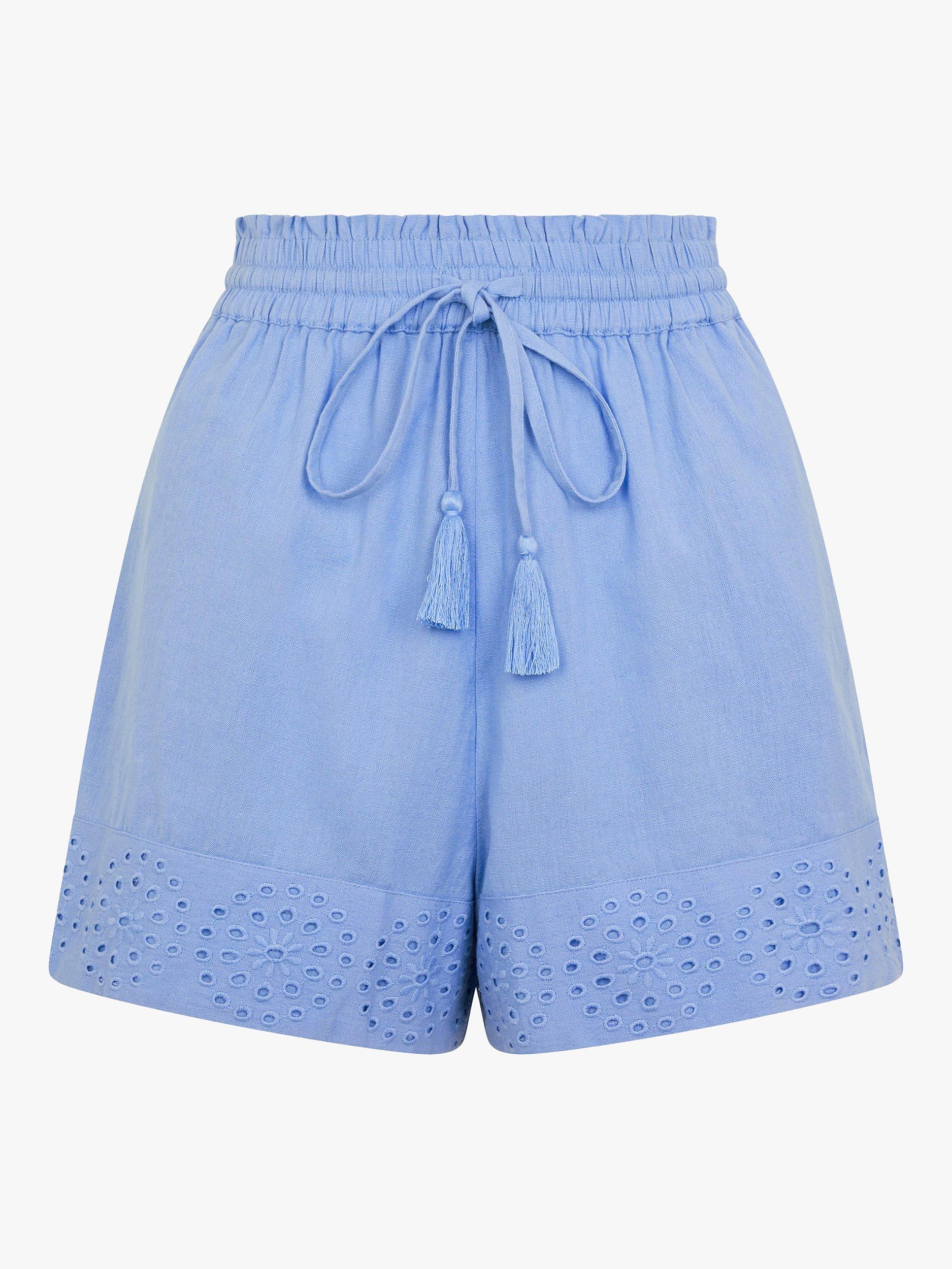 Product image 4 of 4, which shows Accessorize Broderie Hem Cotton Linen Blend Shorts, Blue, XS