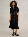 White Stuff Rua Embroidered Sleeve Midi Dress, Pure Black