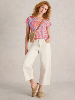 White Stuff Nelly Leaves Notch Neck Top, Coral/Blue, Coral/Blue