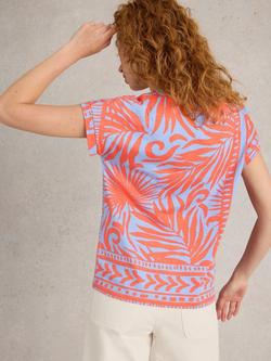 White Stuff Nelly Leaves Notch Neck Top, Coral/Blue - view 2, Coral/Blue