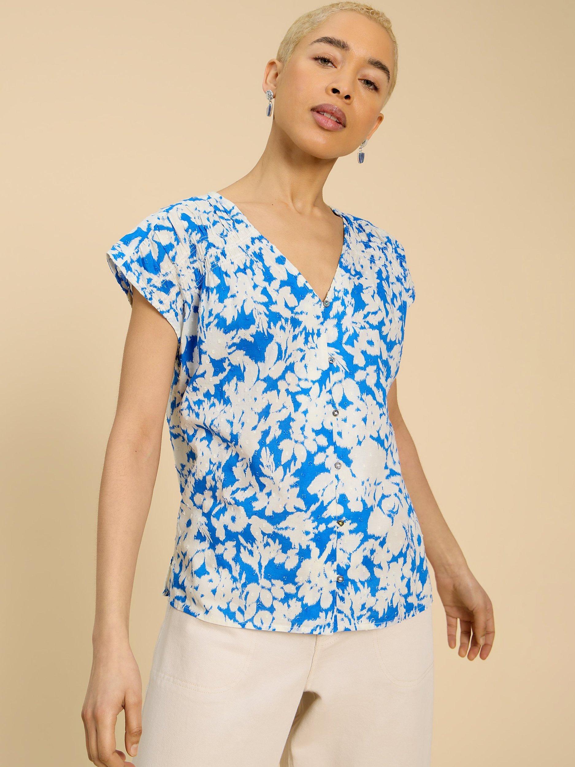 White Stuff Rae Floral Organic Cotton Blouse, Blue/Multi