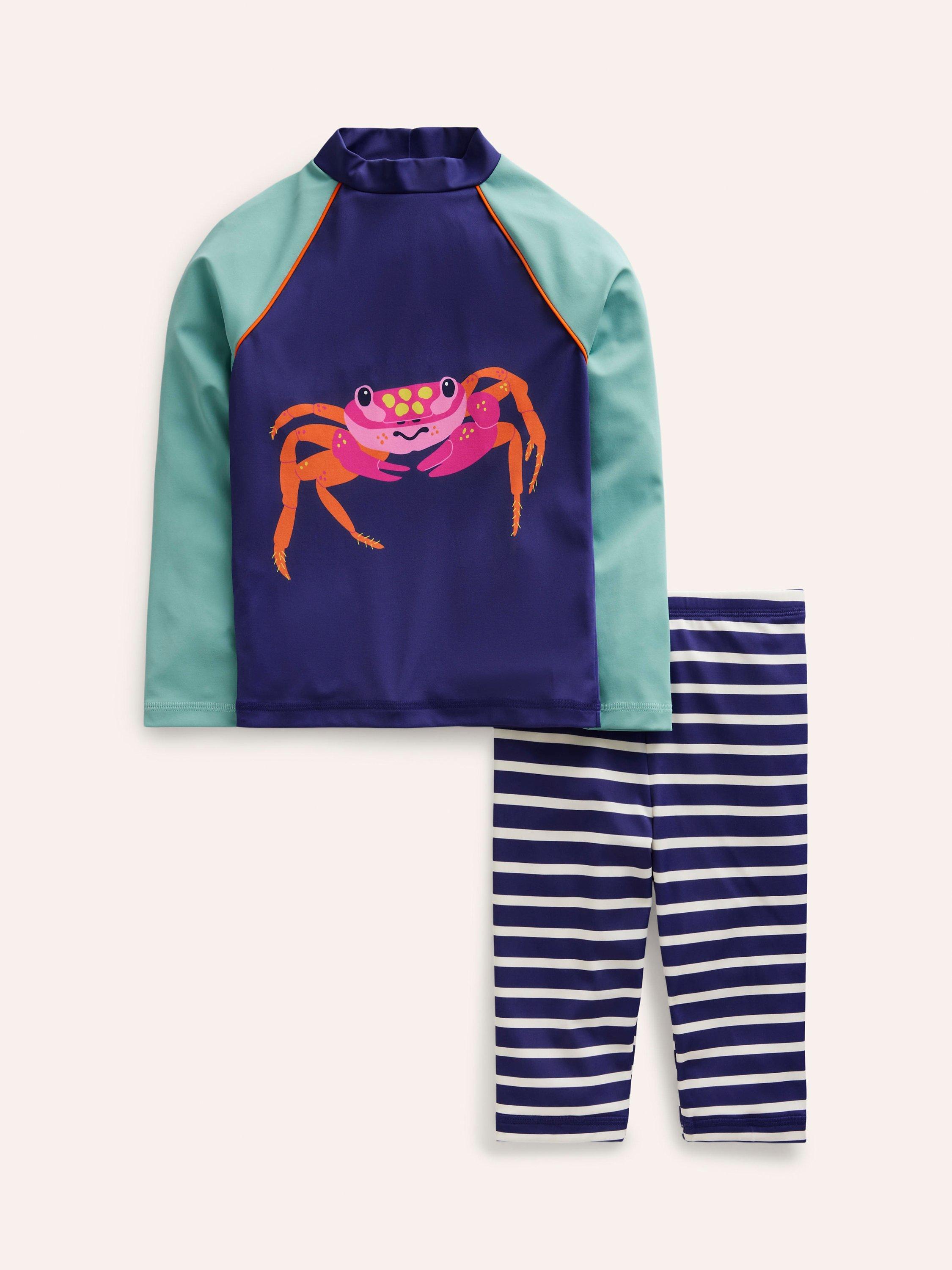 Mini Boden Kids' Sun Safe Crab Surf Set, Blue Heron