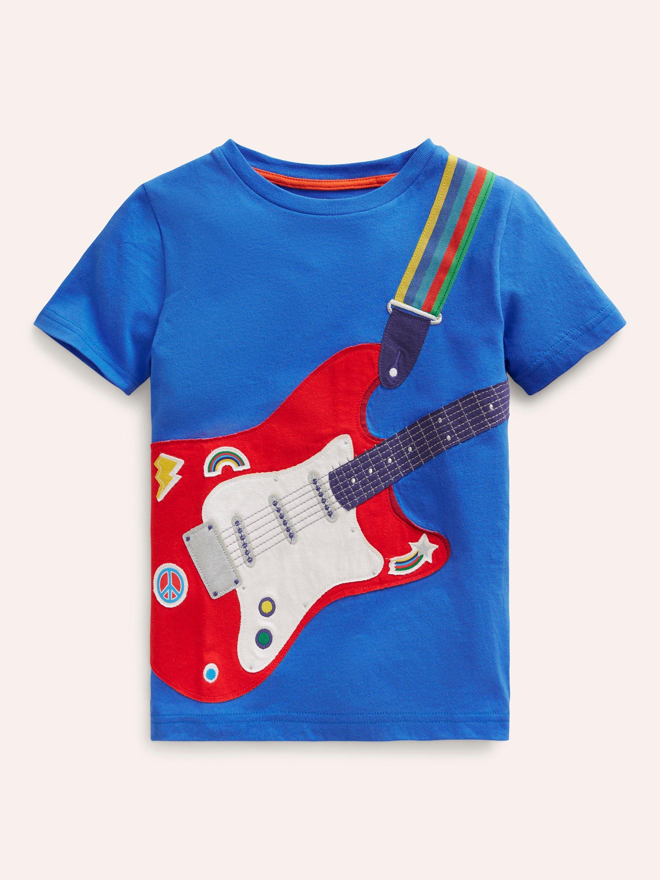 Mini Boden Kids' Guitar Applique T-Shirt, Duck Egg Blue