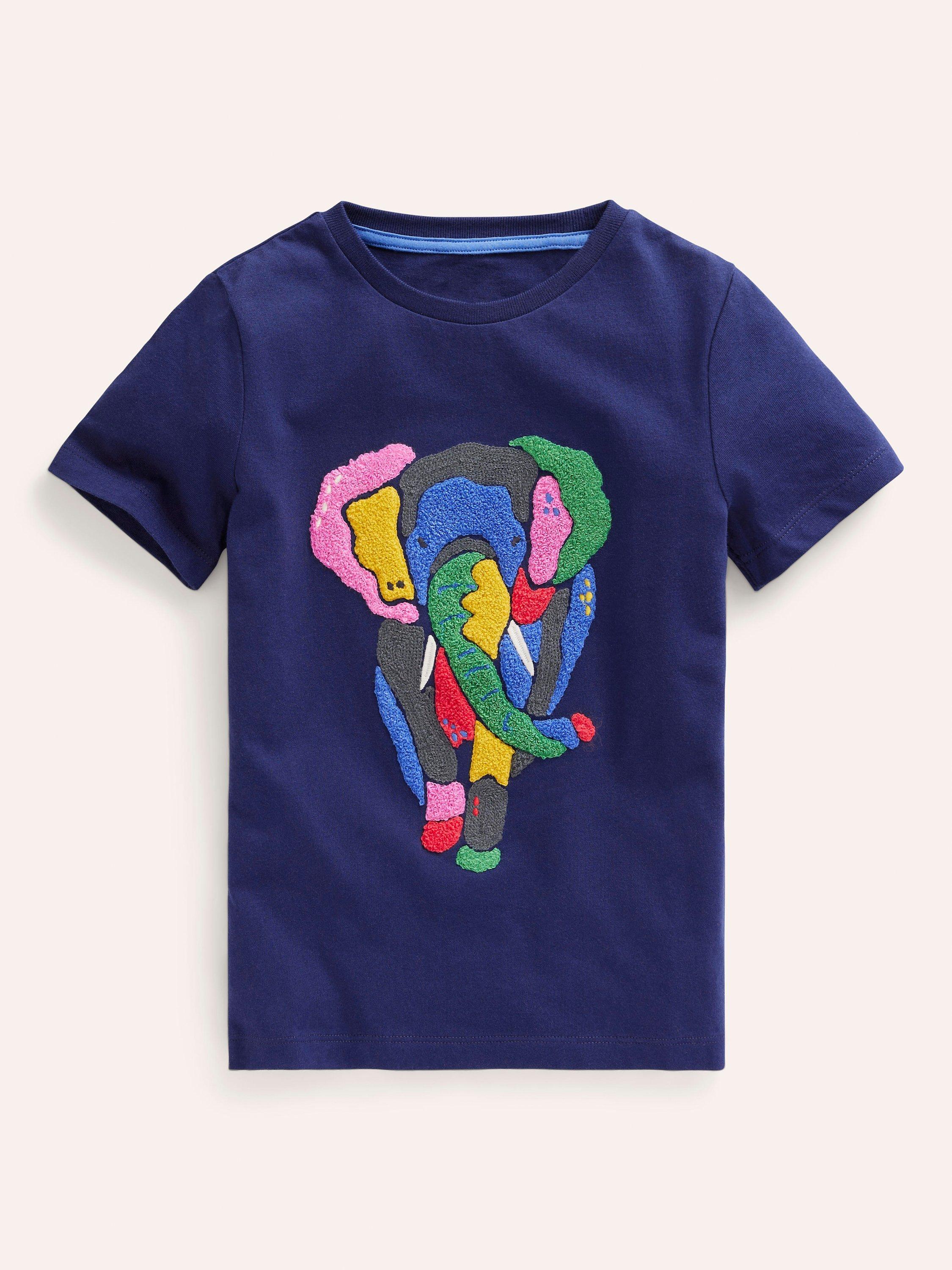 Mini Boden Kids' Chainstitch Elephant T-Shirt, Navy/Multi