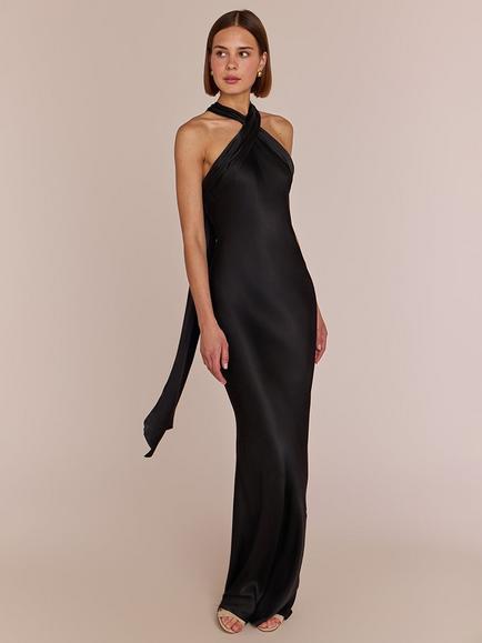 Rewritten Roma Halterneck Viscose Satin Maxi Bridesmaid Dress, Black