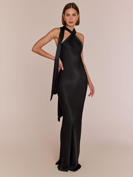 Rewritten Roma Halterneck Viscose Satin Maxi Bridesmaid Dress - view 2, Black