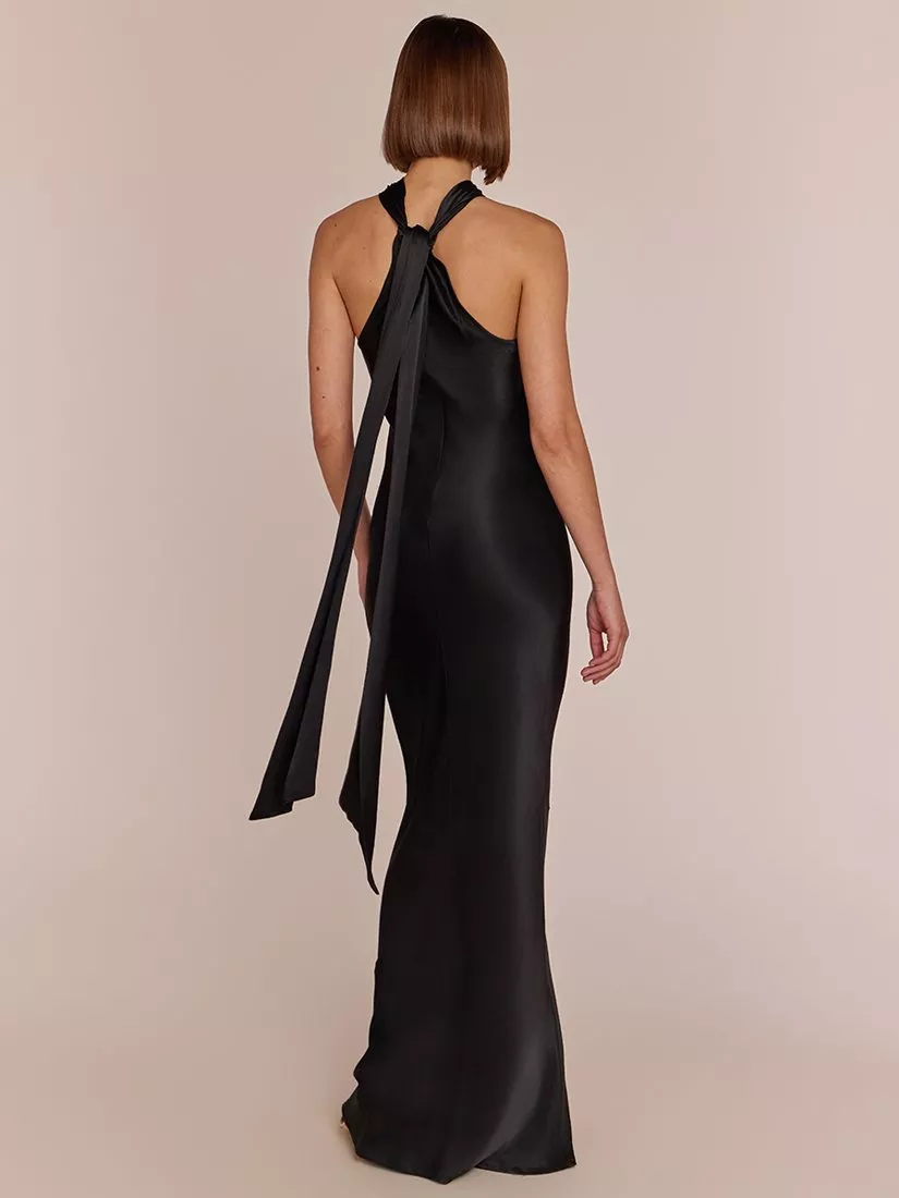 Rewritten Roma Halterneck Satin Maxi Dress, Black - Technical View