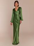 Rewritten Valencia Long Sleeve Bias Cut Satin Maxi Dress, Olive Green