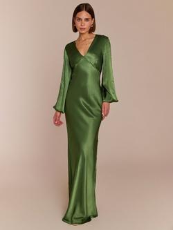 Rewritten Valencia Long Sleeve Bias Cut Satin Maxi Dress, Olive Green, Olive Green