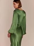 Rewritten Valencia Long Sleeve Bias Cut Satin Maxi Dress, Olive Green