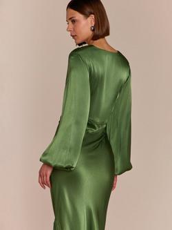 Rewritten Valencia Long Sleeve Bias Cut Satin Maxi Dress, Olive Green - view 2, Olive Green