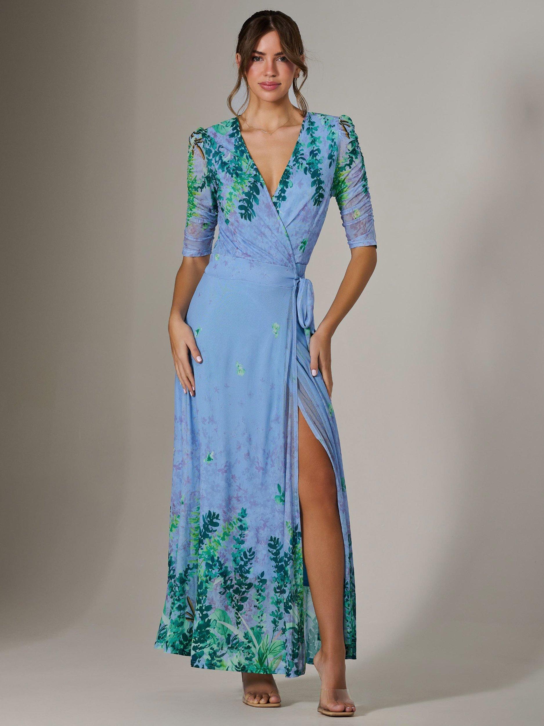 Jolie Moi Kinley Mirrored Leaf Print Maxi Wrap Dress, Blue/Multi, 8