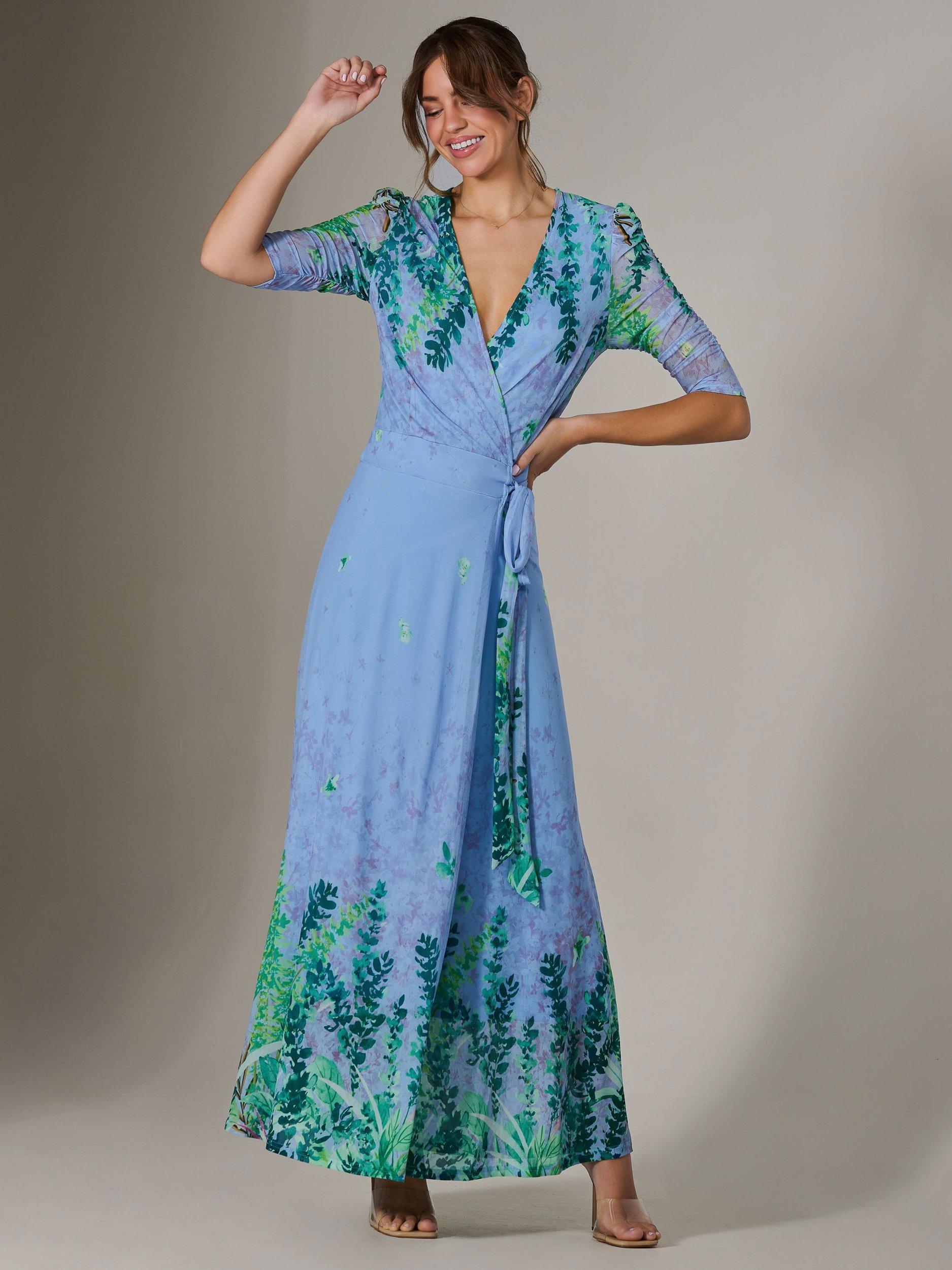 Jolie Moi Kinley Mirrored Leaf Print Maxi Wrap Dress, Blue/Multi, 8