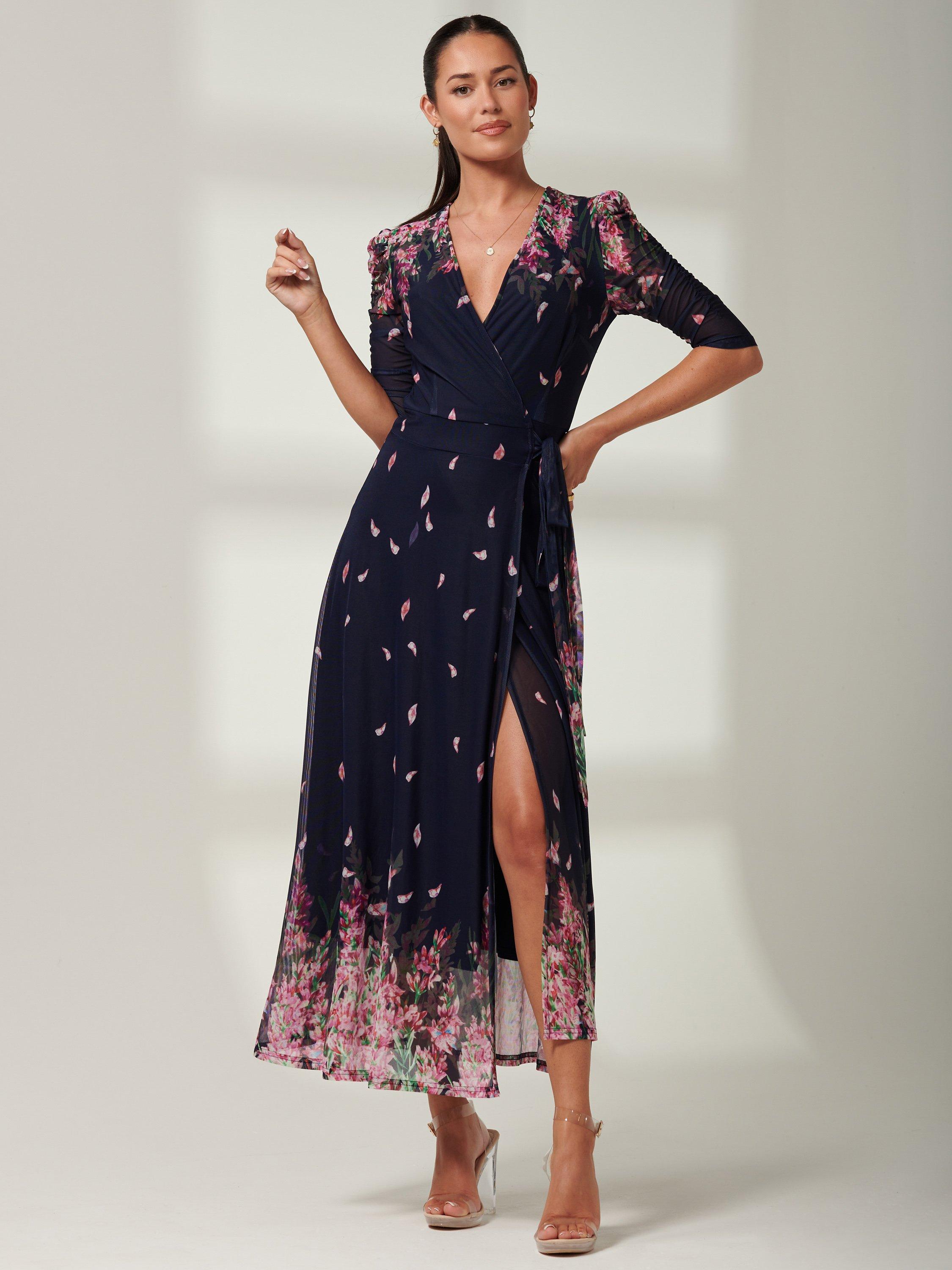 Jolie Moi Elkana Leafy Floral Print Mesh Maxi Dress, Navy/Multi