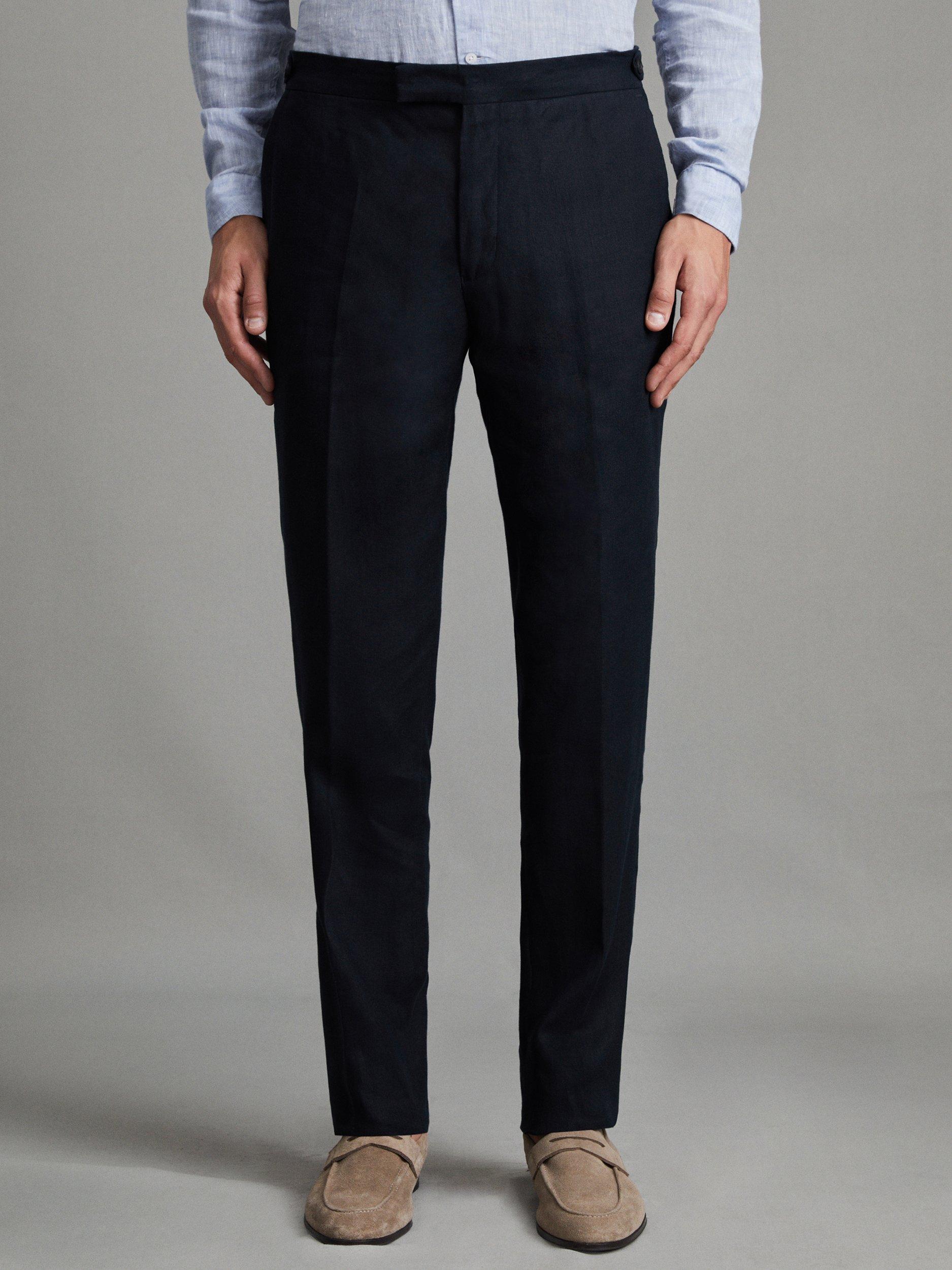 Product image 1 of 5, which shows Reiss Kin Linen Slim Fit Mixer Trousers, Navy, 28R