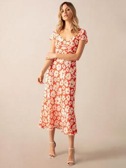 Ro&Zo Daisy Print Sweetheart Neck Midi Dress, Red, Red