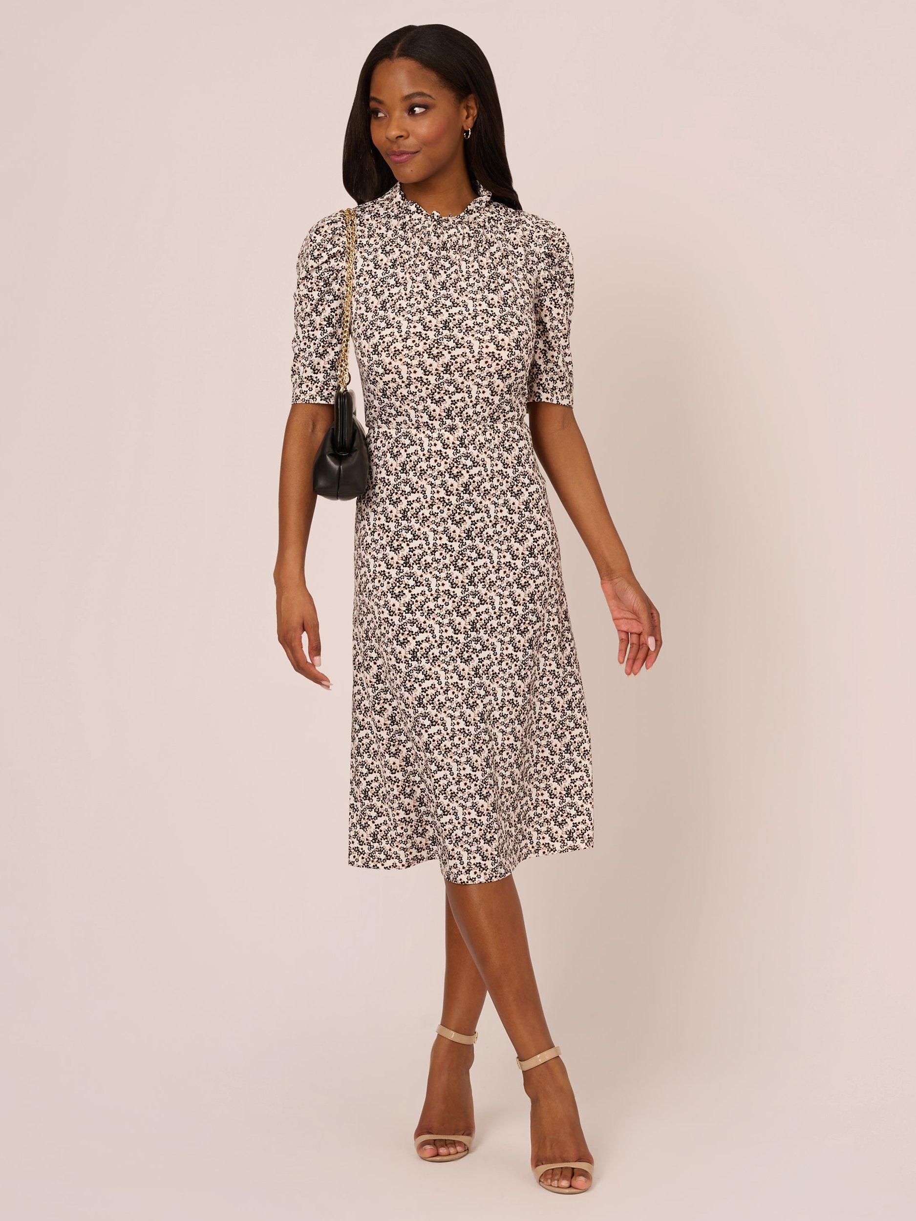 Product image 3 of 7, which shows Adrianna Papell Ruffle Neck Ditsy Floral Midi Dress, Ivory/Black, S