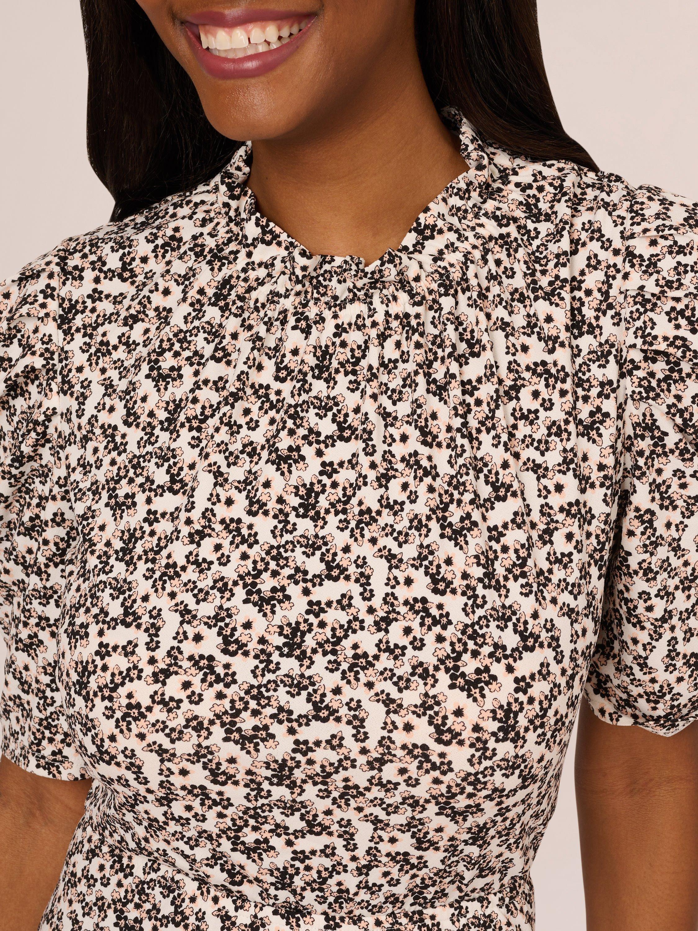 Product image 4 of 7, which shows Adrianna Papell Ruffle Neck Ditsy Floral Midi Dress, Ivory/Black, S