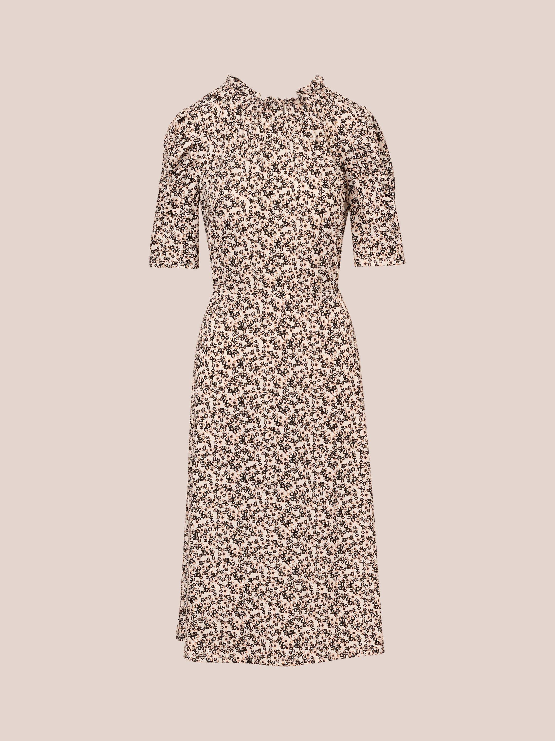 Product image 6 of 7, which shows Adrianna Papell Ruffle Neck Ditsy Floral Midi Dress, Ivory/Black, S