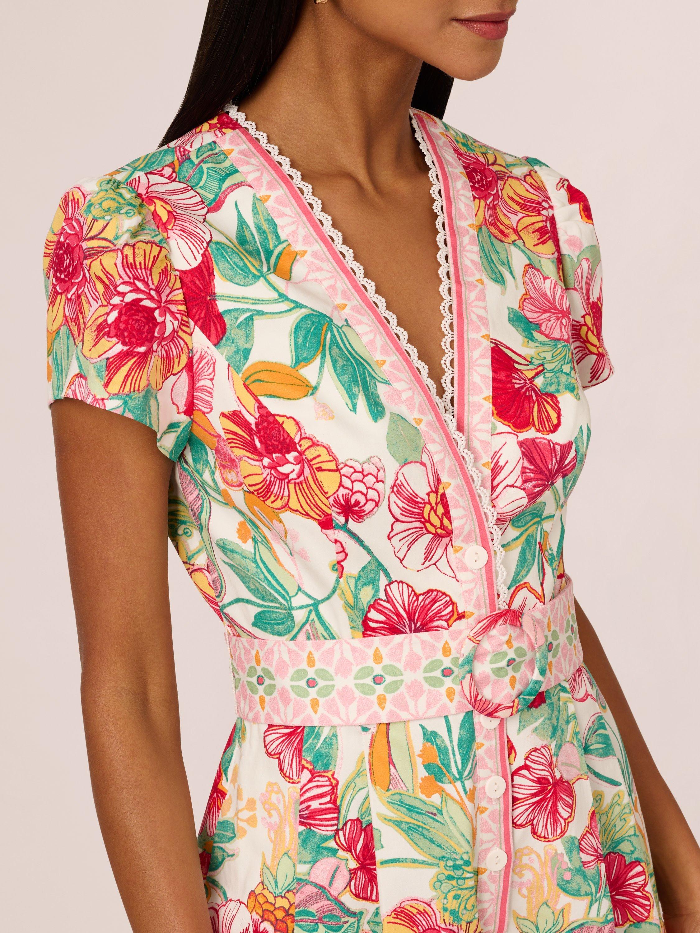 Product image 5 of 8, which shows Adrianna by Adrianna Papell Cotton Blend Short Jumpsuit, Pink/Multi, 6