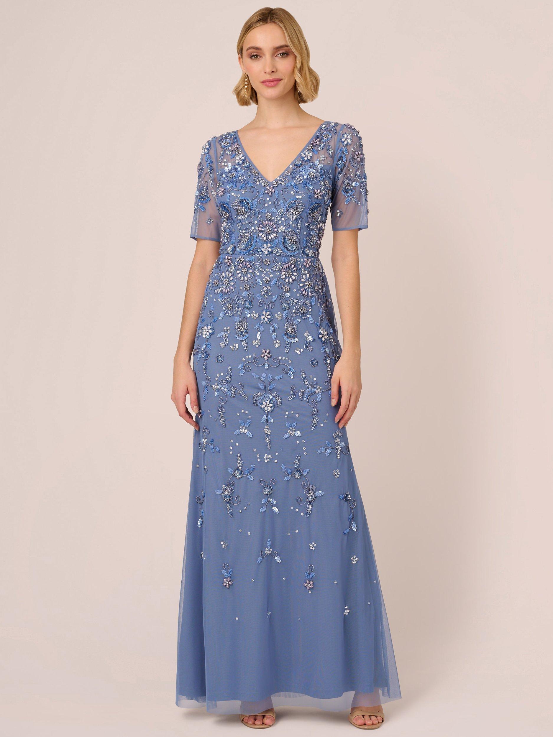 Adrianna Papell Beaded Mesh Maxi Dress French Blue