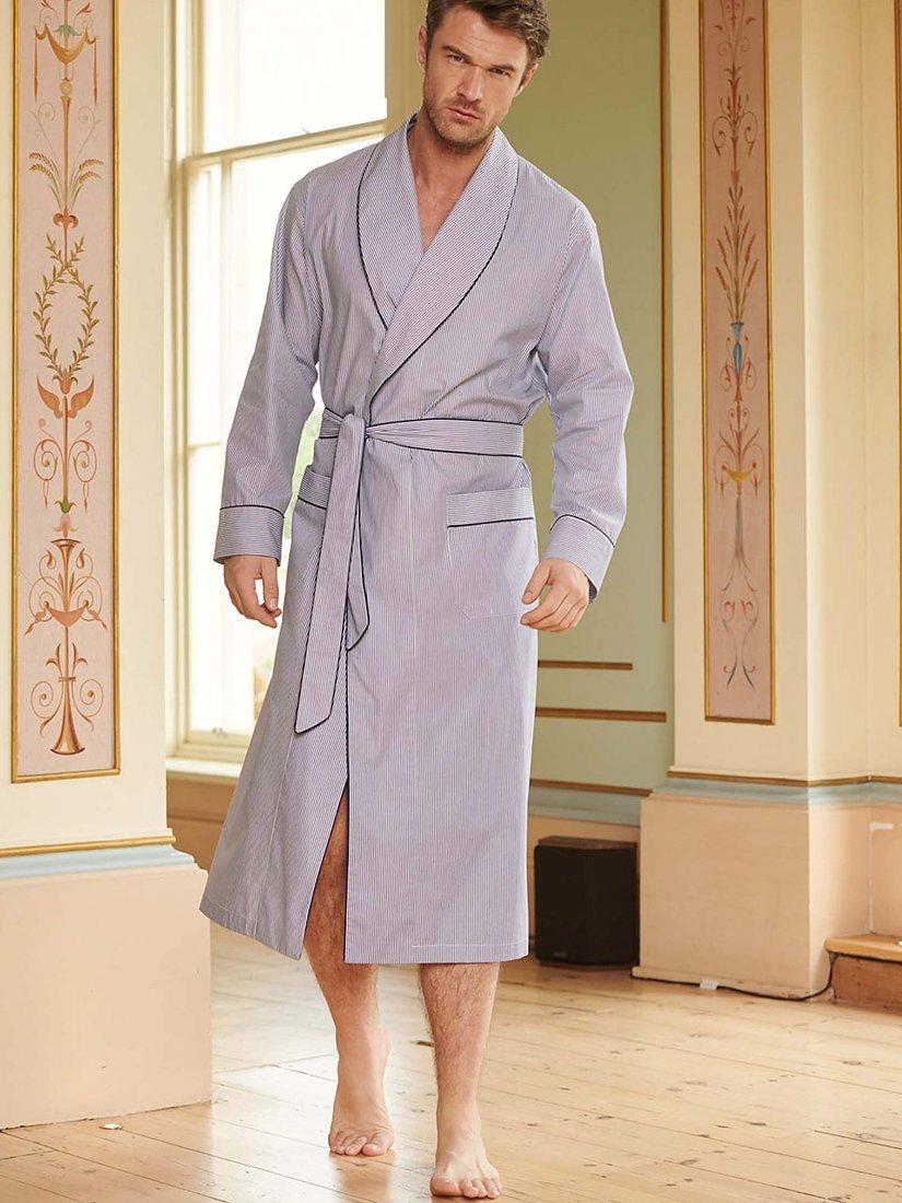 Product image 5 of 5, which shows British Boxers Crisp Cotton Pinstripe Dressing Gown, Navy/White, S