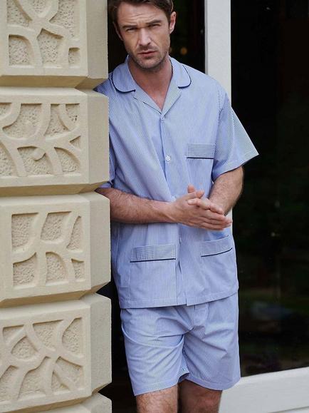 British Boxers Stripe Crisp Cotton Pyjama Set, Navy/White