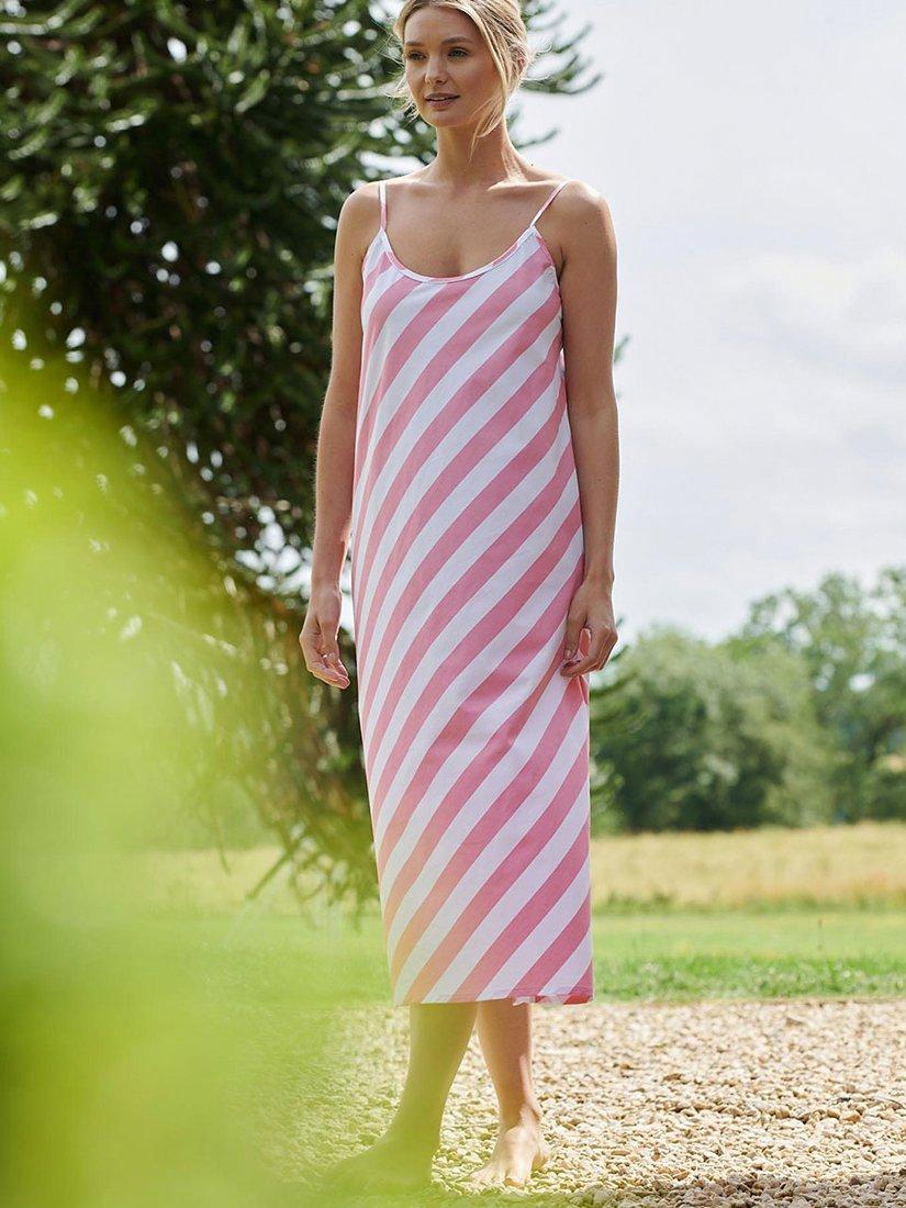 Product image 2 of 4, which shows British Boxers Crisp Cotton Picnic Stripe Strappy Nightdress, Pink/White, XS