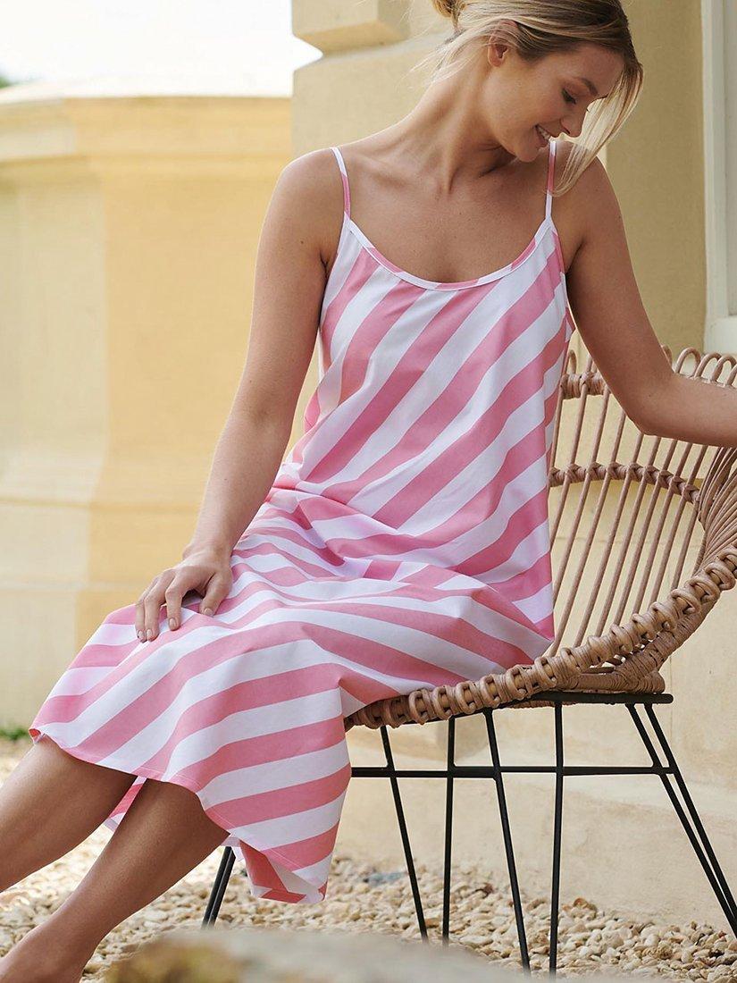 Product image 3 of 4, which shows British Boxers Crisp Cotton Picnic Stripe Strappy Nightdress, Pink/White, XS