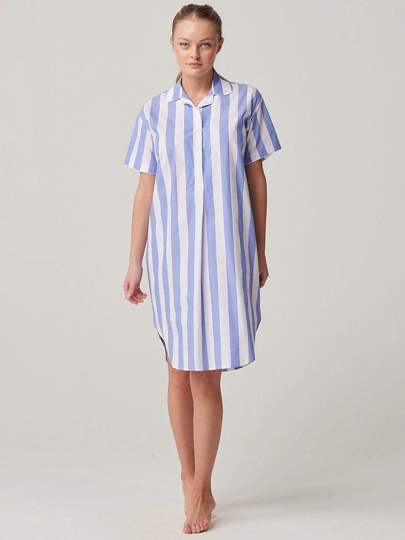 Product image 1 of 4, which shows British Boxers Crisp Cotton Picnic Stripe Nightshirt, Boat Blue/White, XS