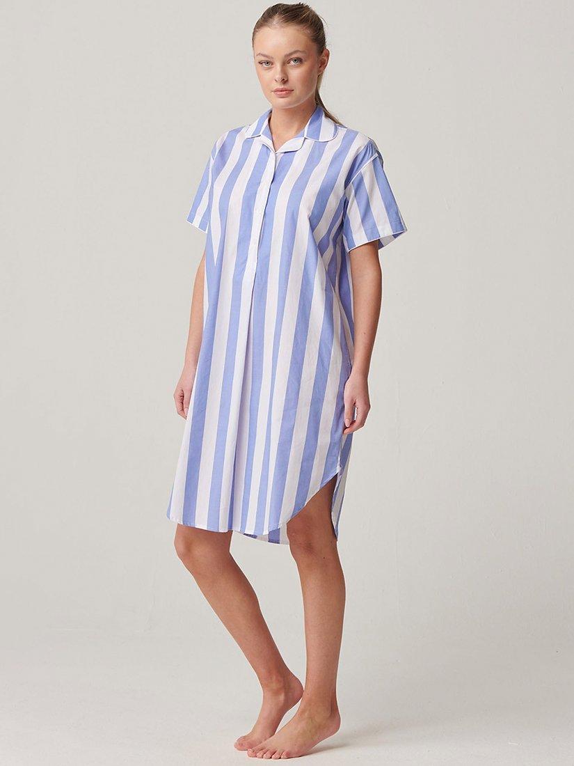Product image 2 of 4, which shows British Boxers Crisp Cotton Picnic Stripe Nightshirt, Boat Blue/White, XS