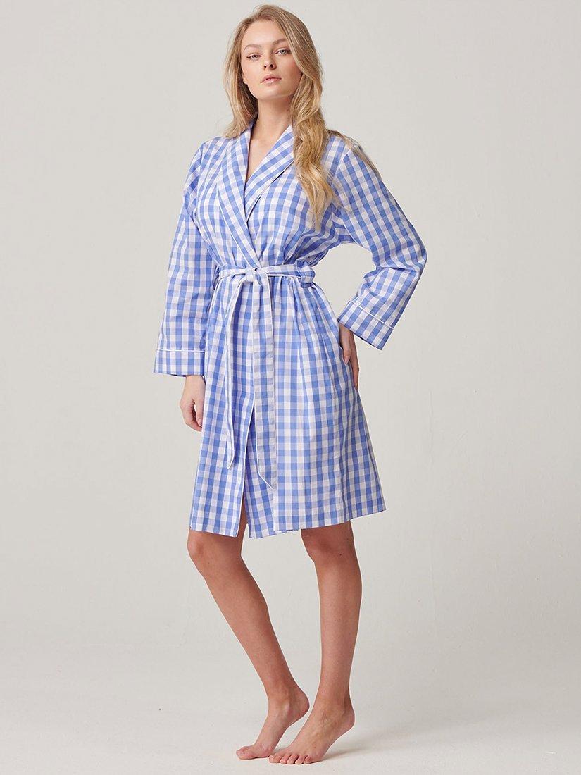 Product image 1 of 5, which shows British Boxers Crisp Cotton Mid-Length Dressing Gown, Blue Gingham, XS