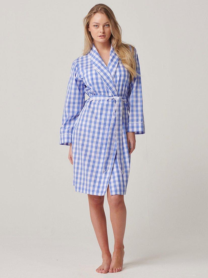 Product image 4 of 5, which shows British Boxers Crisp Cotton Mid-Length Dressing Gown, Blue Gingham, XS