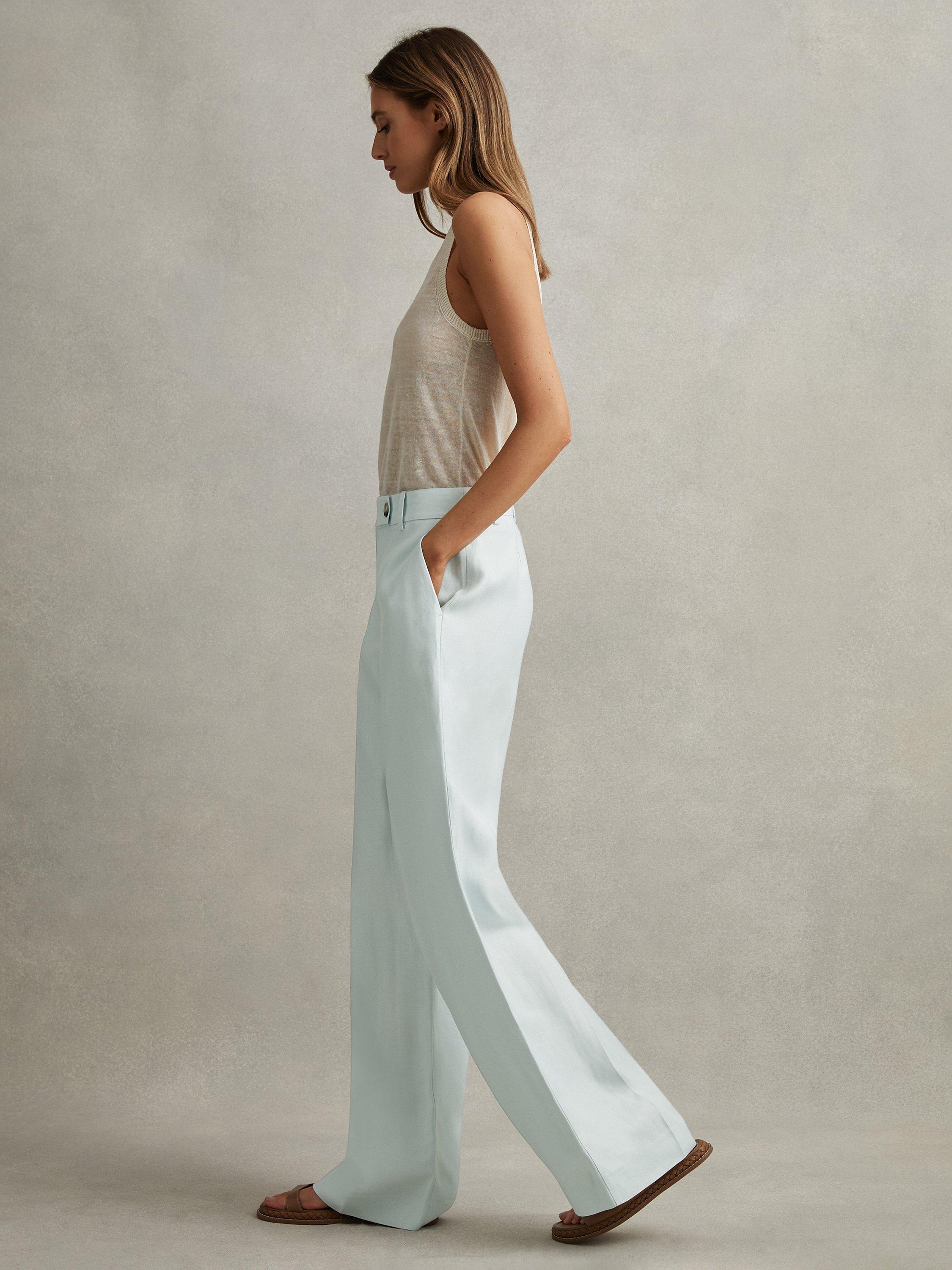 Reiss Petite Lori Linen Blend Wide Leg Trousers, Blue