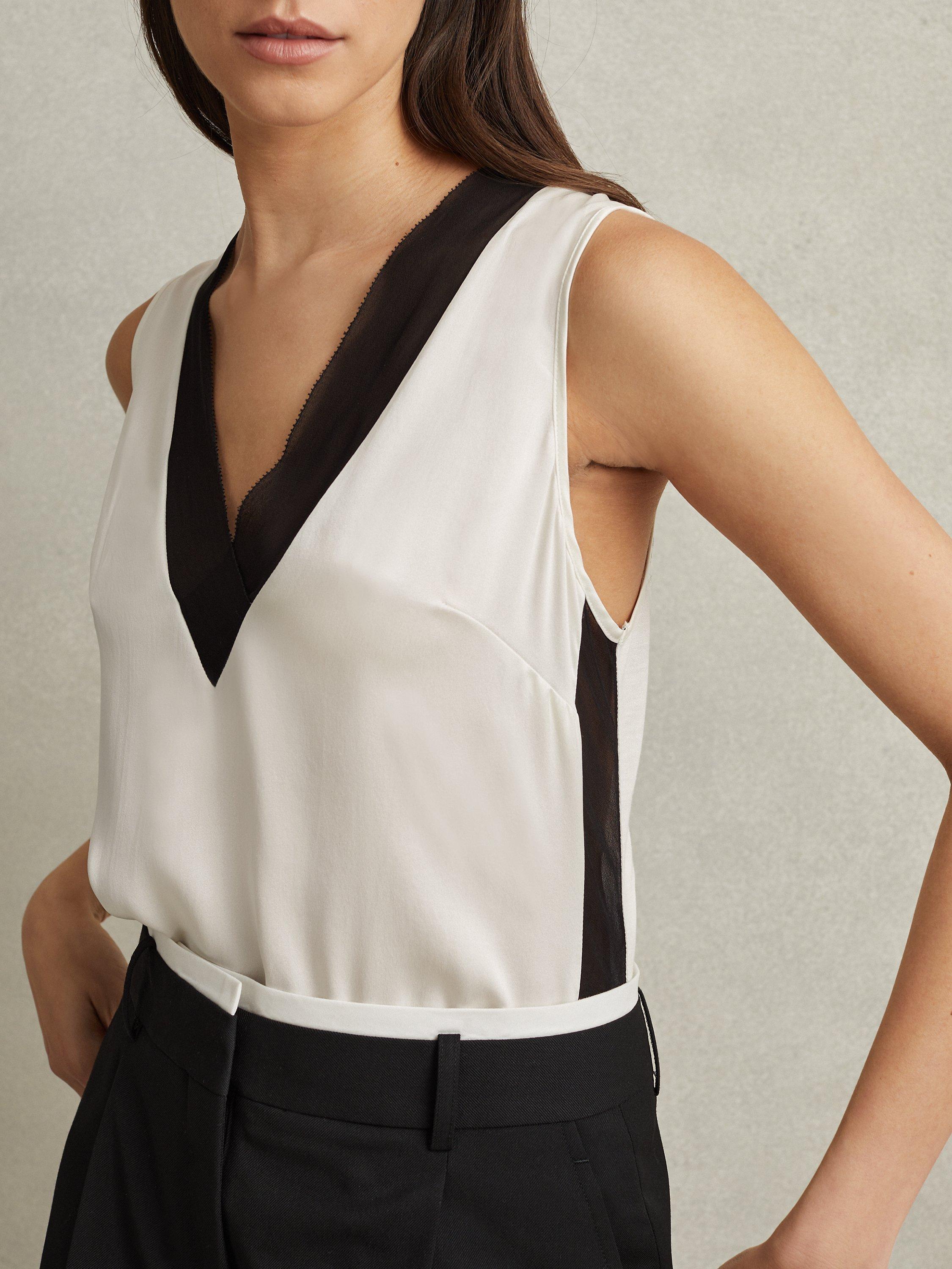 Reiss Pippa Silk Blend V-Neck Top, Ivory/Black