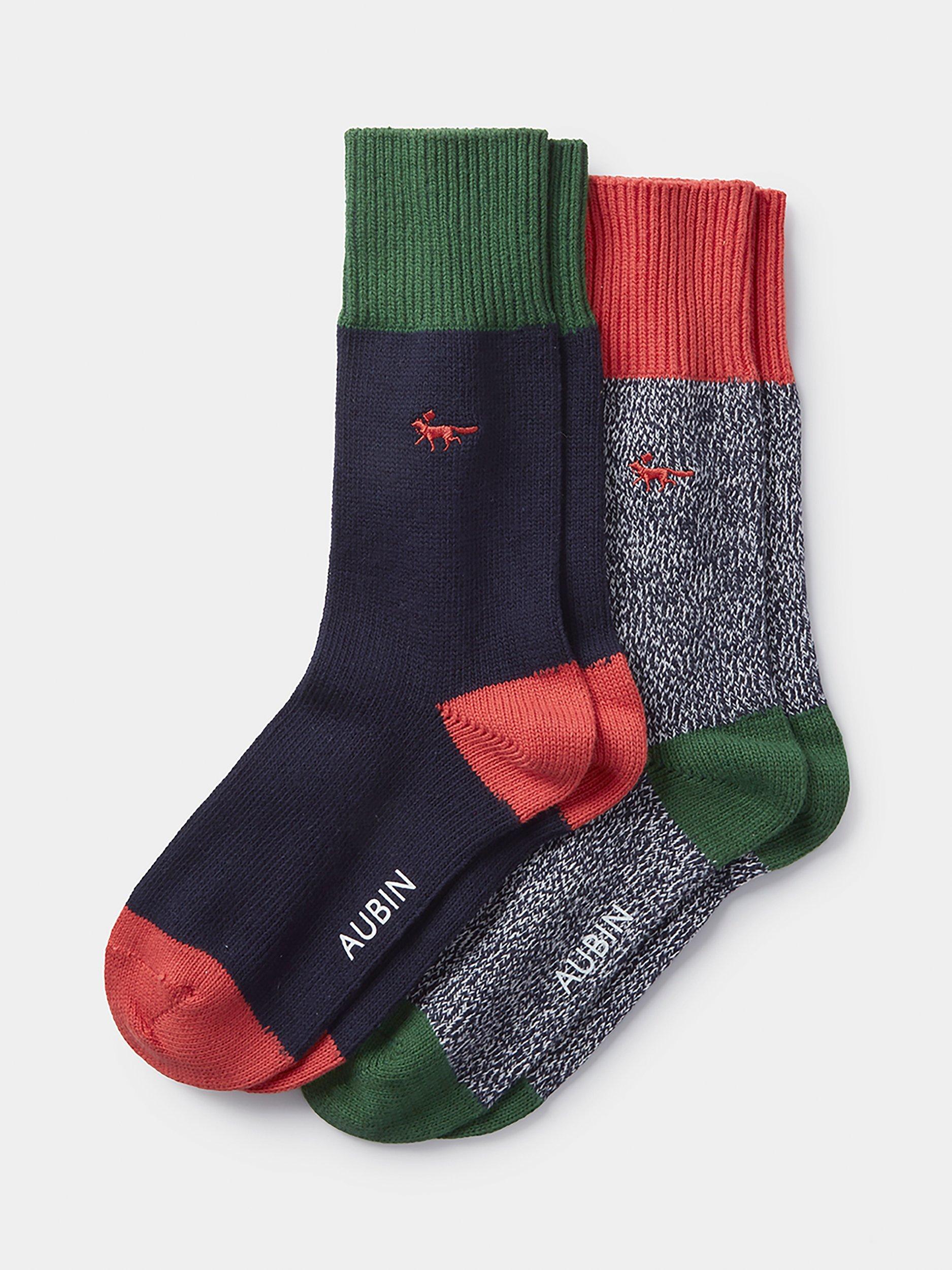 Aubin Fowey Colour Block Socks, Pack of 2, Navy/Multi, One Size