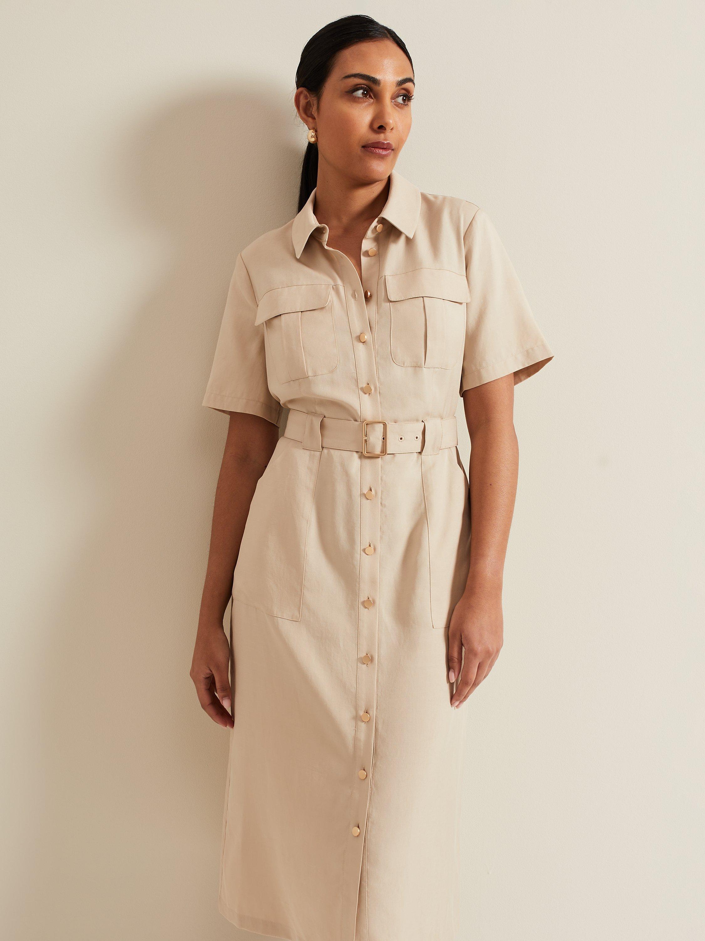 Product image 3 of 6, which shows Phase Eight Petite Willow Utility Midi Dress, Stone, 20