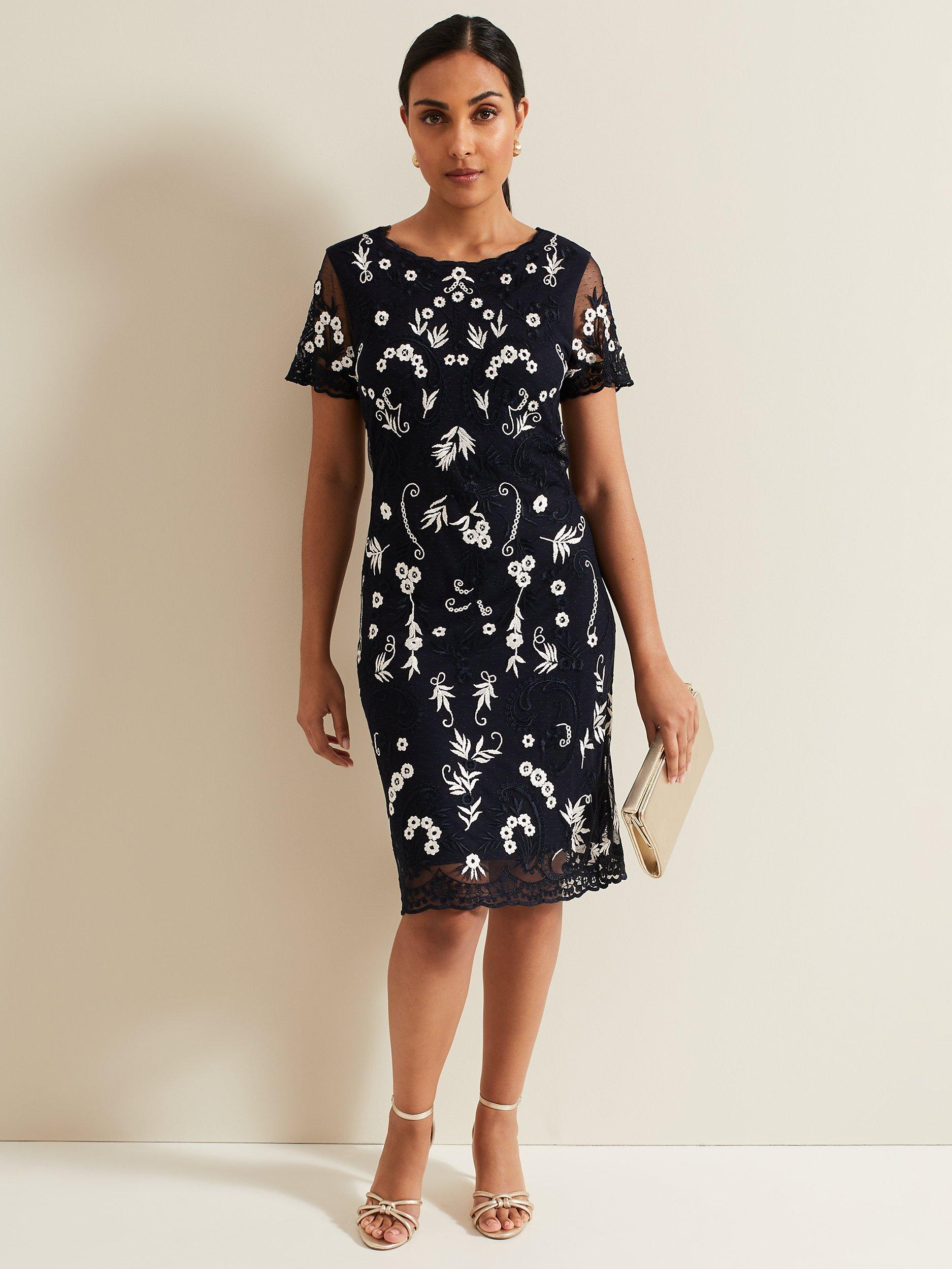 Phase Eight Petite Florisa Floral Embroidered Dress Navy White