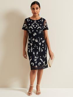 Phase Eight Petite Florisa Floral Embroidered Dress, Navy/White, Navy/White