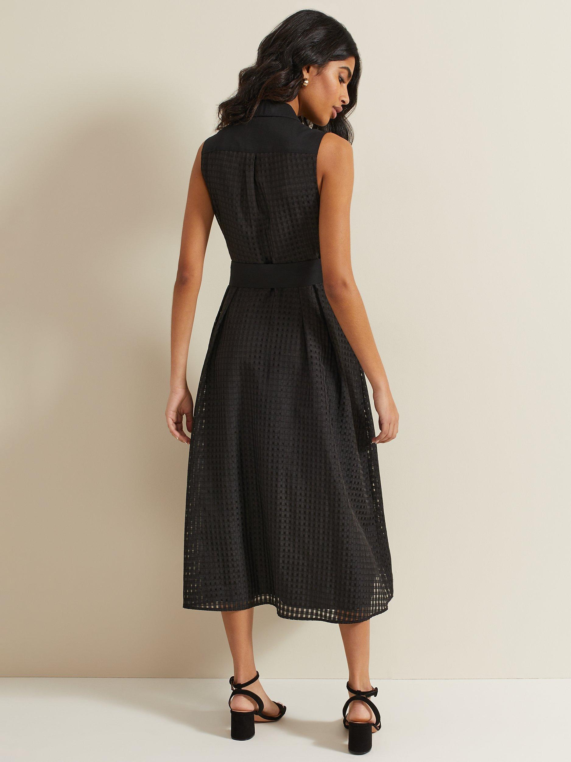 Product image 2 of 7, which shows Phase Eight Carey Sleeveless Textured Check Midi Shirt Dress, Black, 6