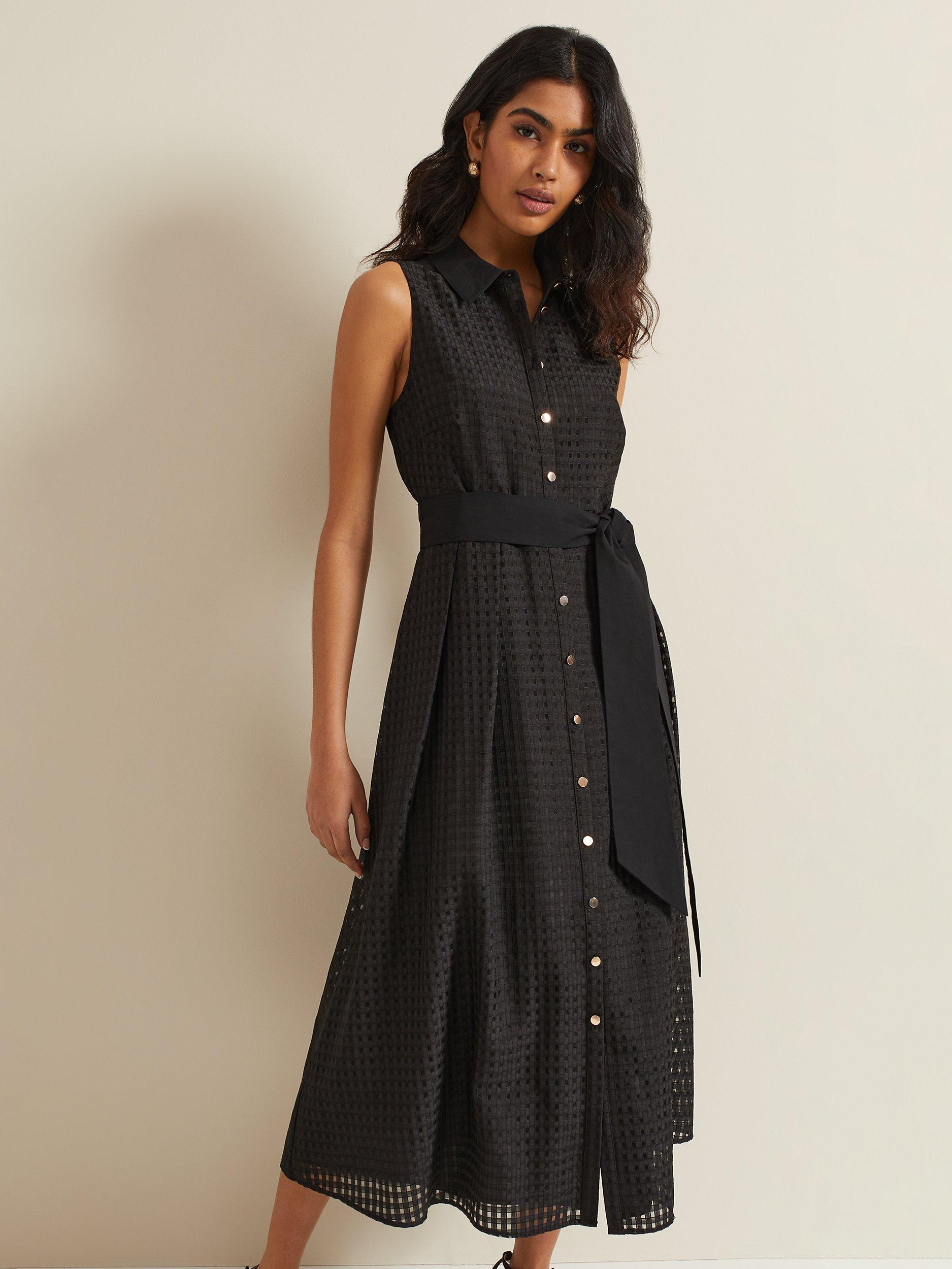 Product image 3 of 7, which shows Phase Eight Carey Sleeveless Textured Check Midi Shirt Dress, Black, 6