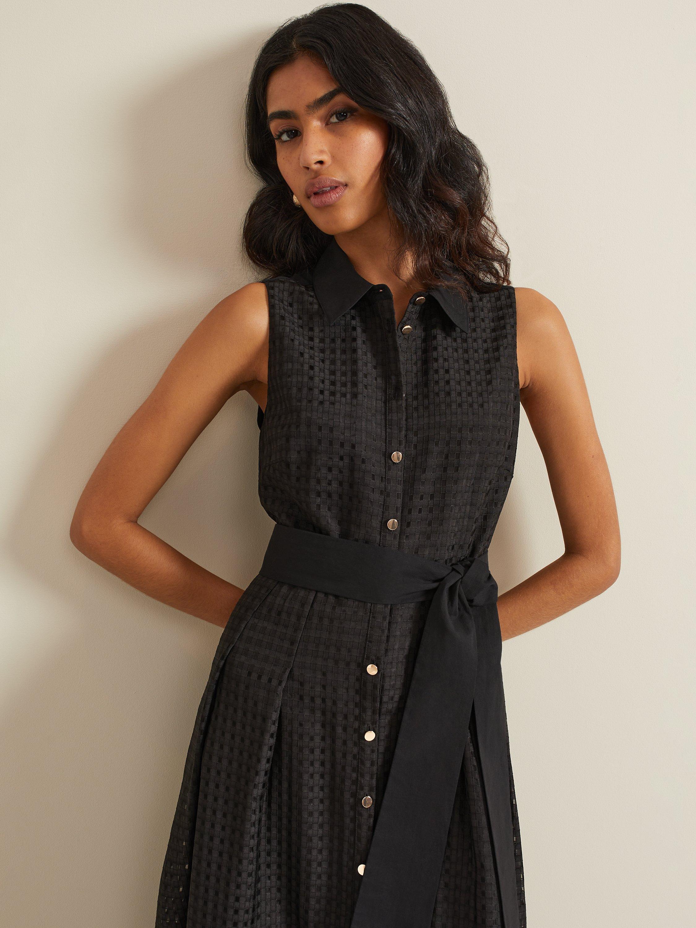 Product image 4 of 7, which shows Phase Eight Carey Sleeveless Textured Check Midi Shirt Dress, Black, 6