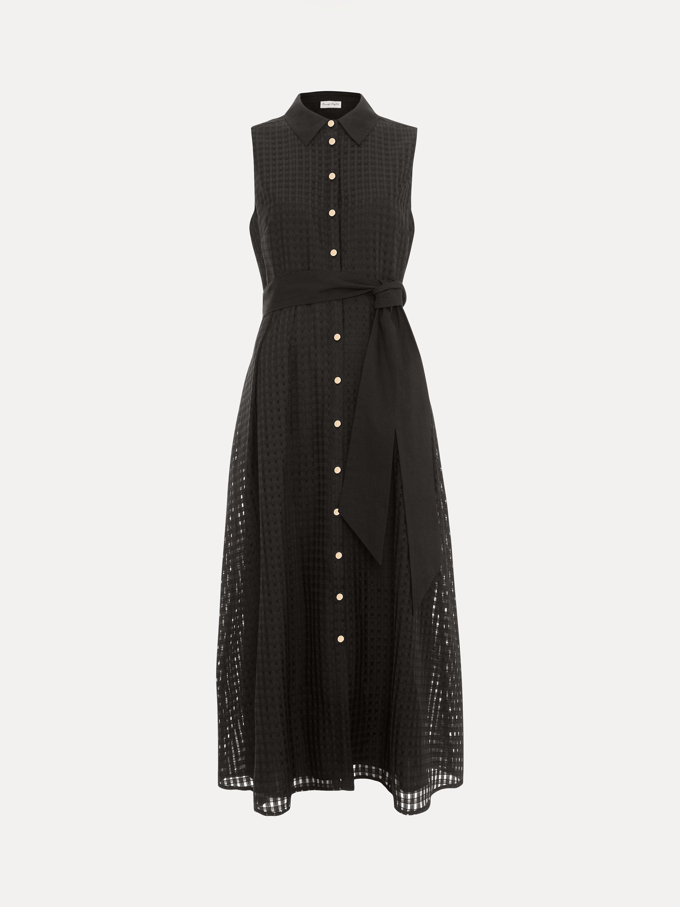 Product image 7 of 7, which shows Phase Eight Carey Sleeveless Textured Check Midi Shirt Dress, Black, 6