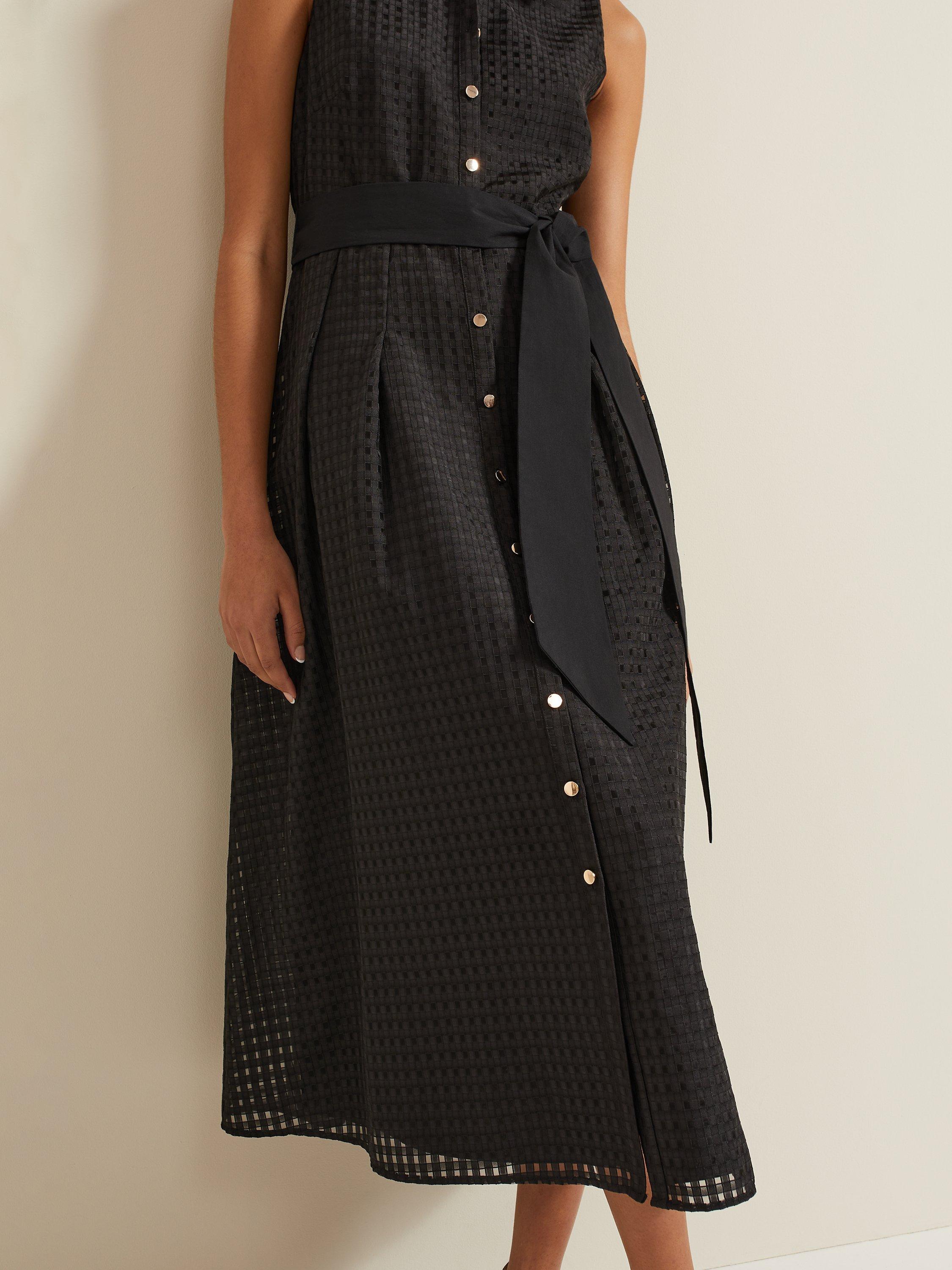Product image 5 of 7, which shows Phase Eight Carey Sleeveless Textured Check Midi Shirt Dress, Black, 6