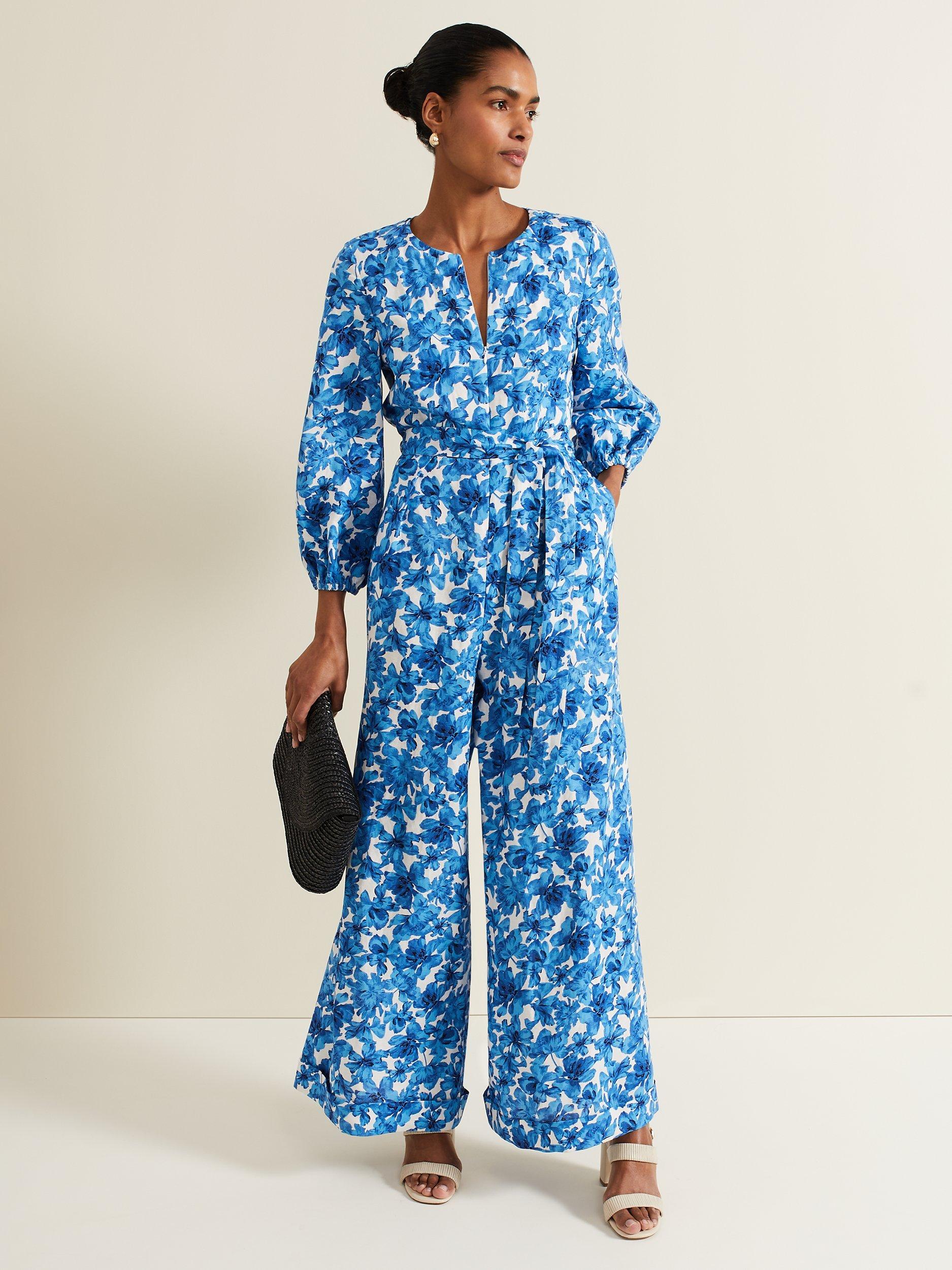 Phase Eight Rosey Linen Blend Floral Print Jumpsuit, Blue