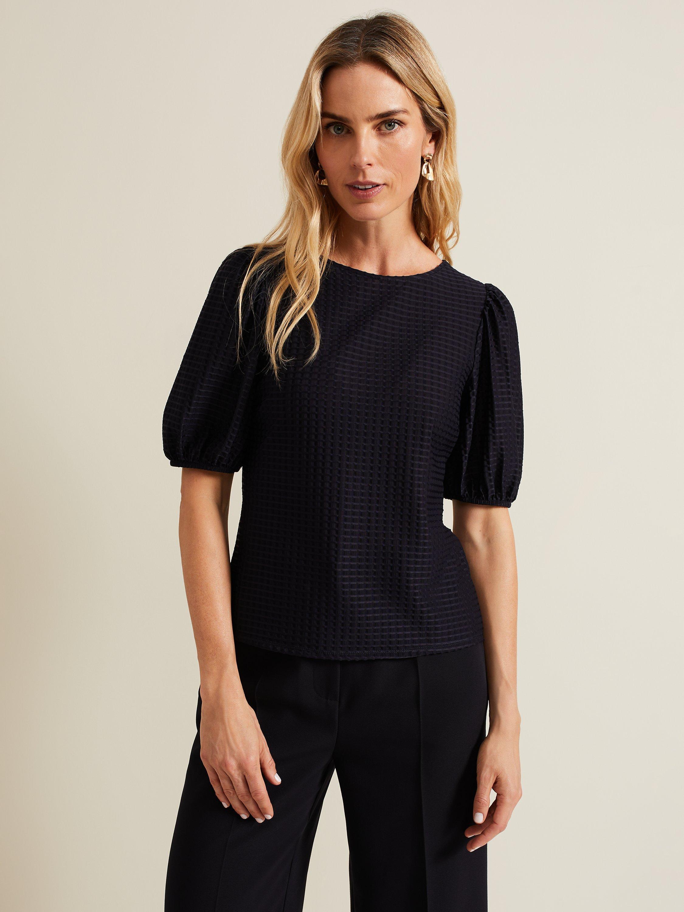 Phase Eight Adley Texture Bubble Sleeve Top, Navy