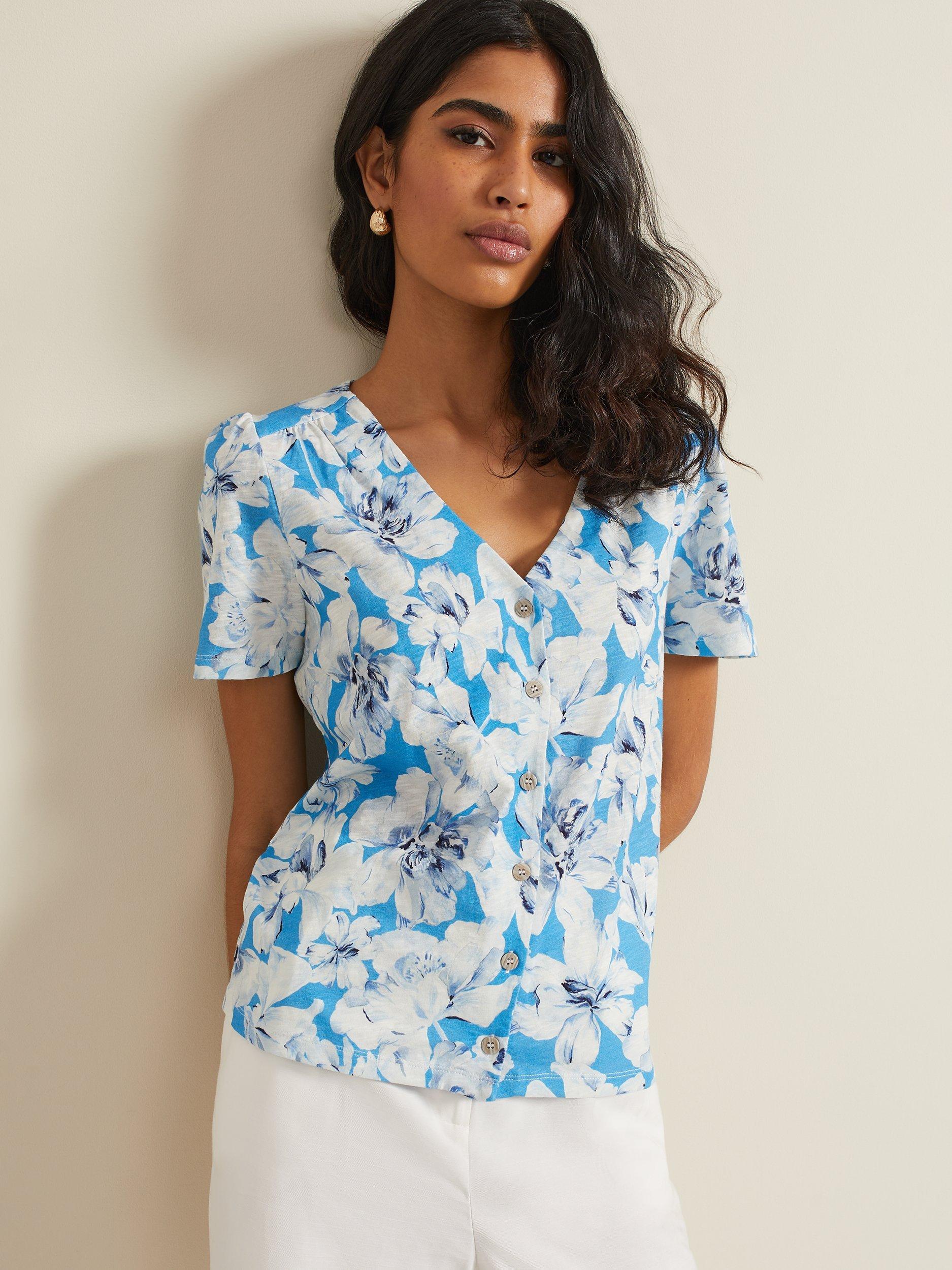 Phase Eight Lorenna Floral Button Cotton Top, Blue/White