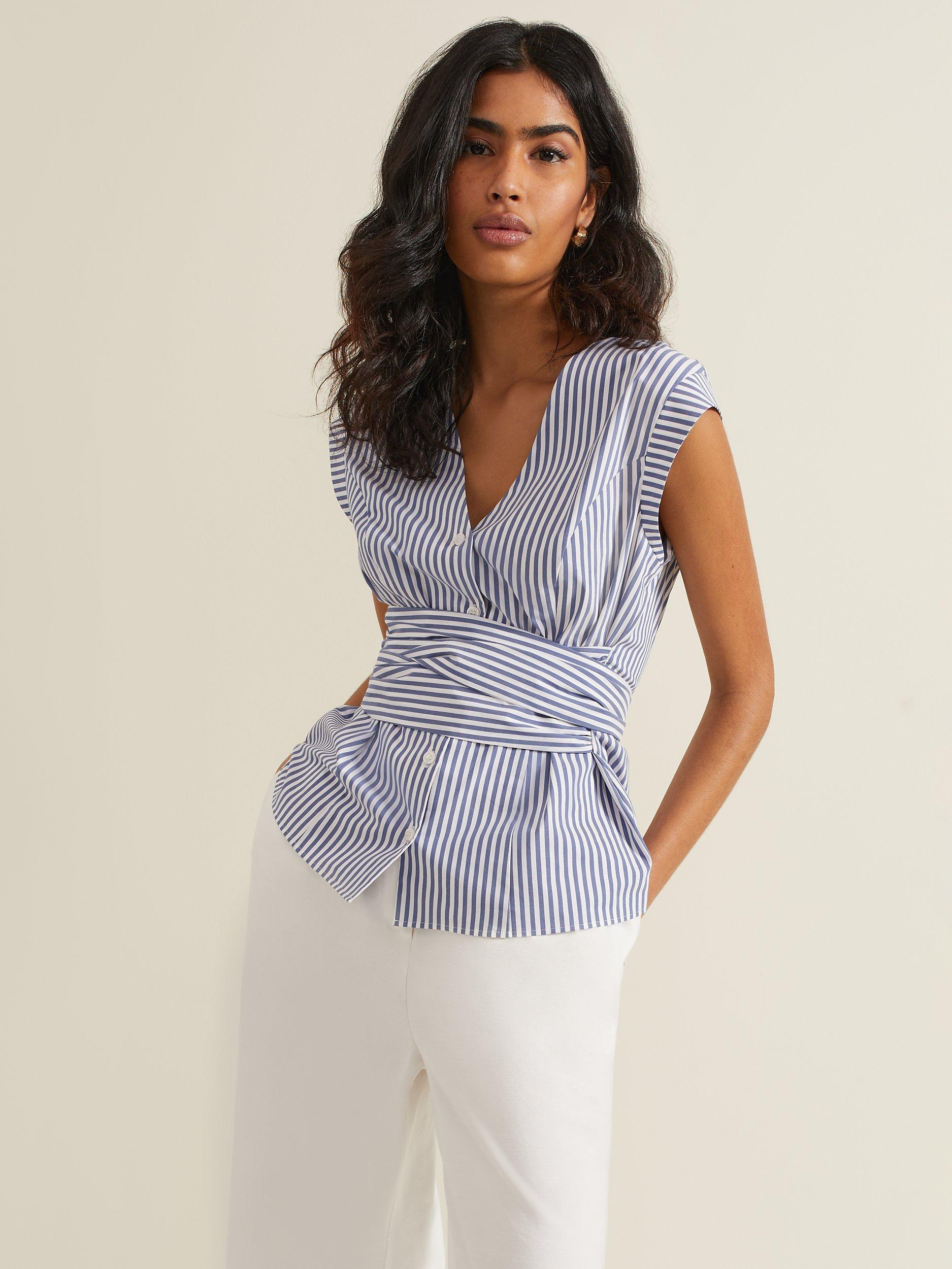 Phase Eight Sadie Stripe Tie Waist Shirt, Blue/White